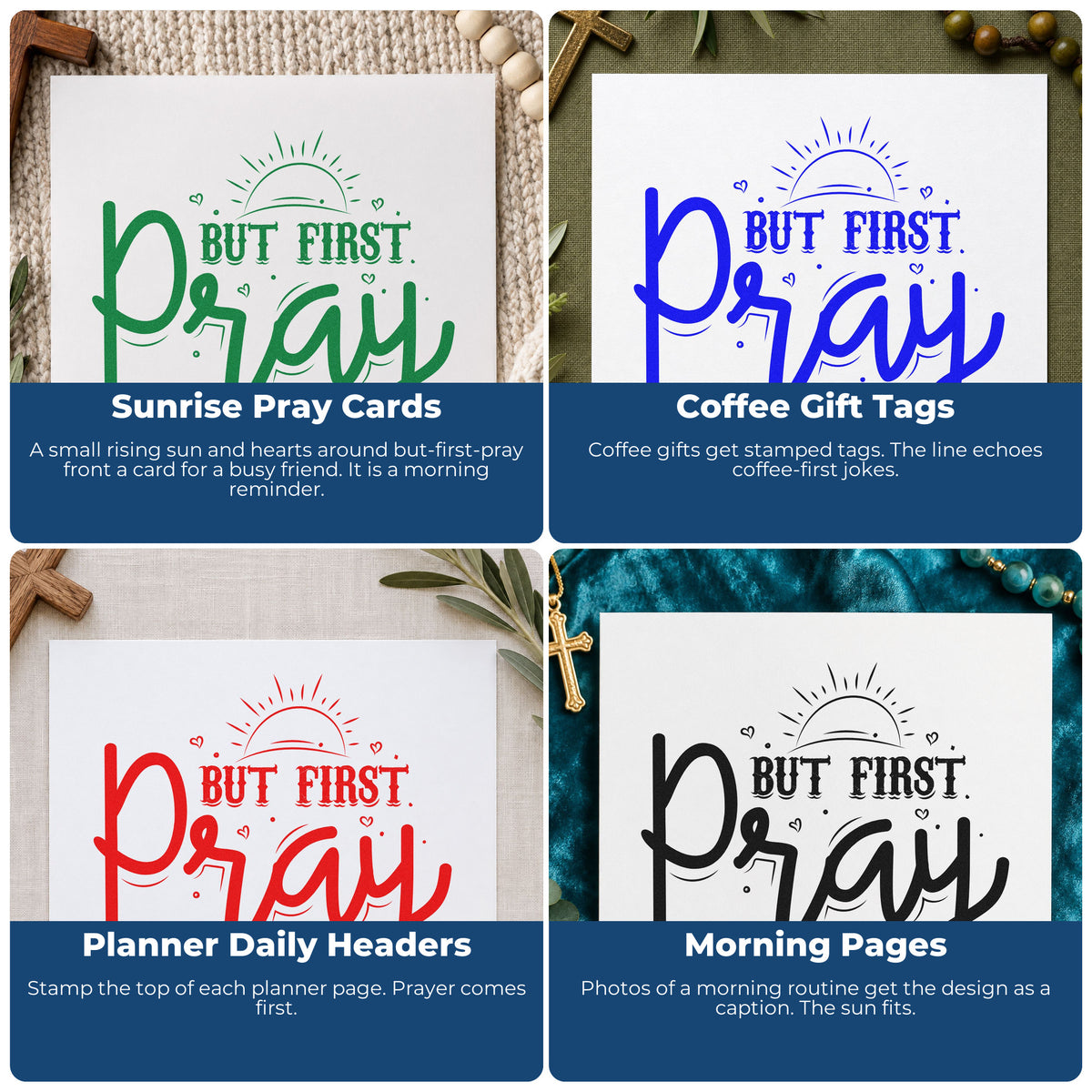 Four ways to use the But First Pray Sunrise Hand Stamp – Duo: sunrise pray cards, coffee gift tags, planner daily headers and morning pages.