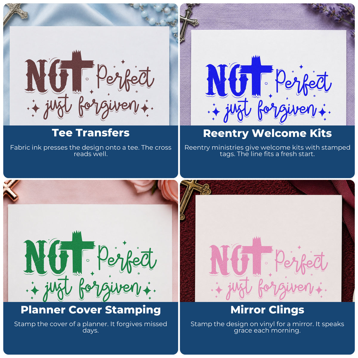 Four ways to use the Not Perfect Just Forgiven Brush Brushstroke Cross Rubber Stamp – Duo Hand: tee transfers, reentry welcome kits, planner cover stamping and mirror clings.