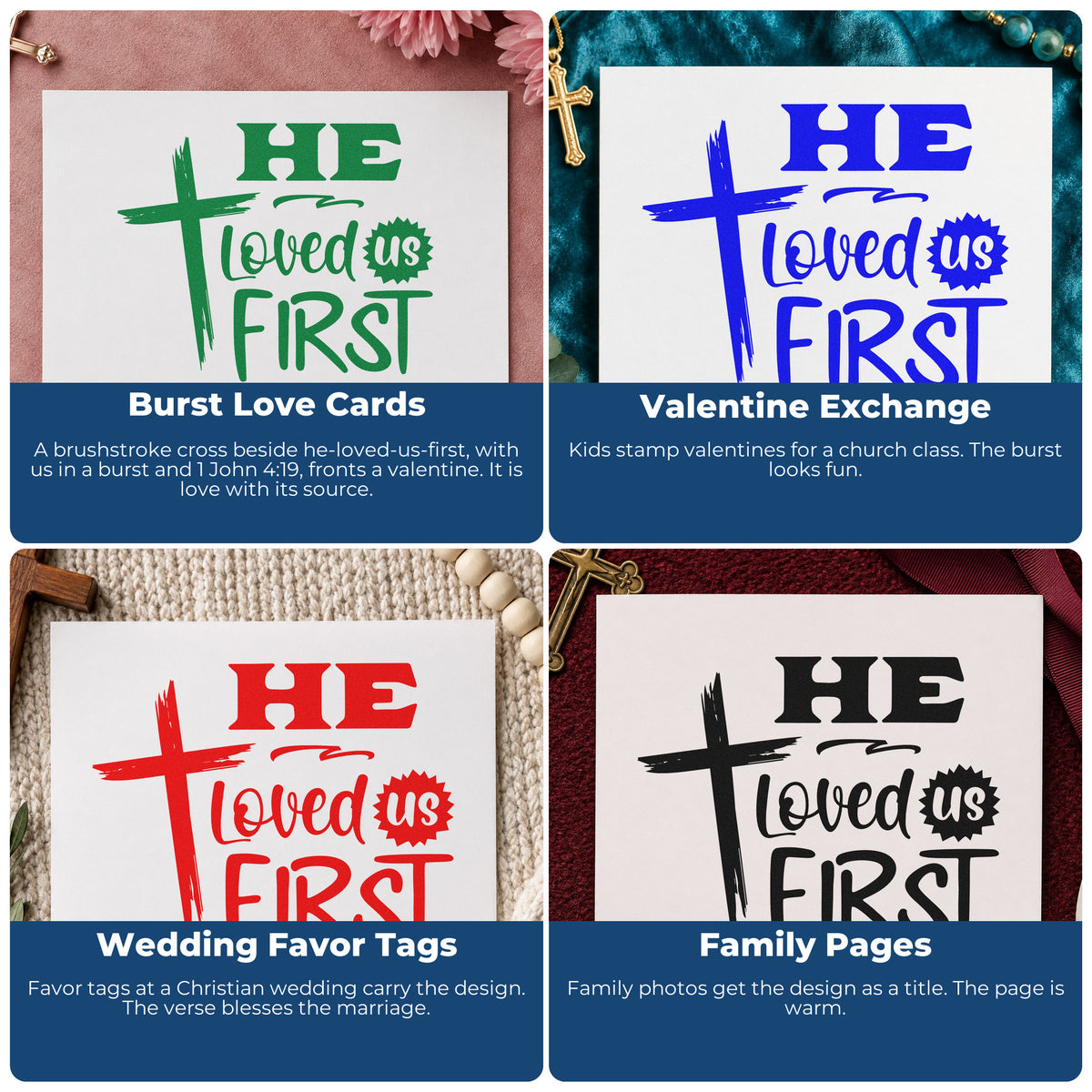 Four ways to use the He Loved Us First Rubber Stamp – Wood Handle: burst love cards, valentine exchange, wedding favor tags and family pages.