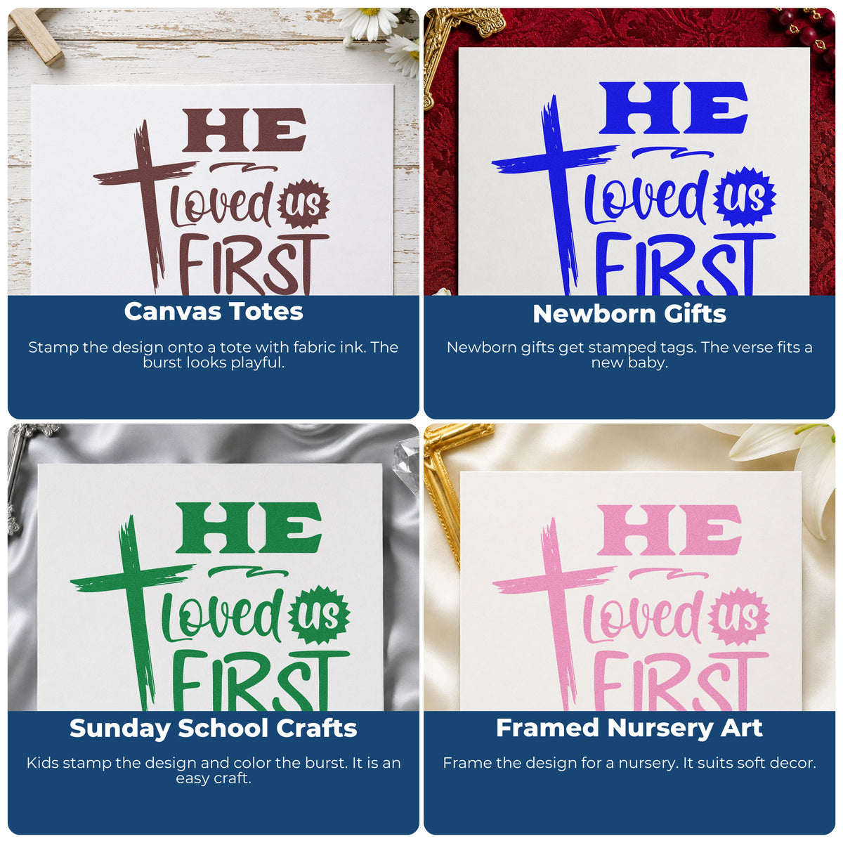 Four ways to use the He Loved Us First Rubber Stamp – Wood Handle: canvas totes, newborn gifts, sunday school crafts and framed nursery art.