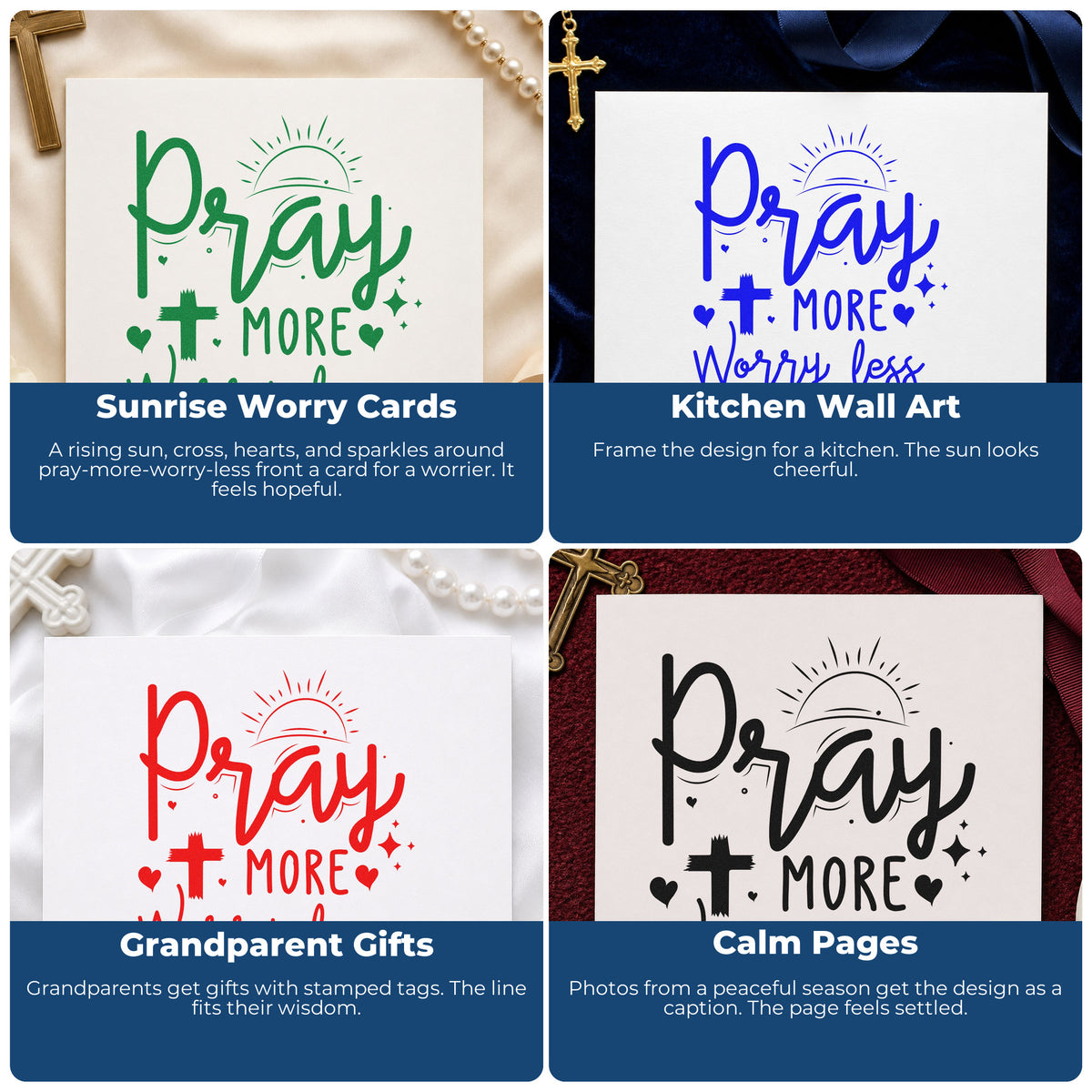 Four ways to use the Pray More Worry Less Sunrise With Cross Premium Wooden Stamp - Vintage Pro: sunrise worry cards, kitchen wall art, grandparent gifts and calm pages.
