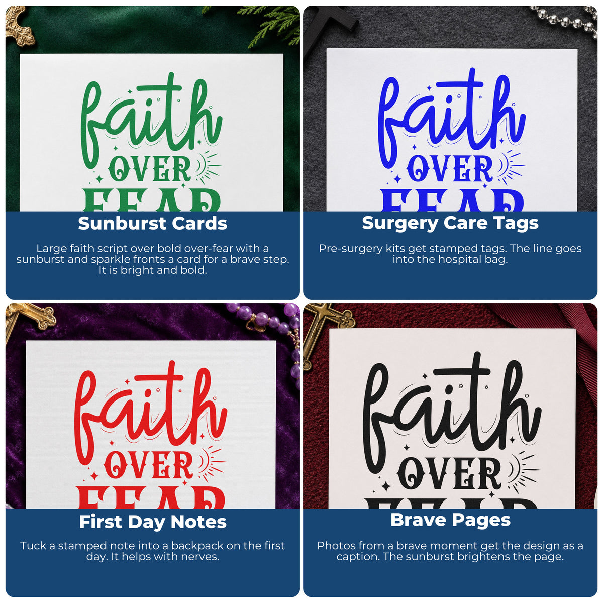 Four ways to use the Faith Over Fear Sunburst Premium Wood-Mounted Stamp - Vintage Pro: sunburst cards, surgery care tags, first day notes and brave pages.