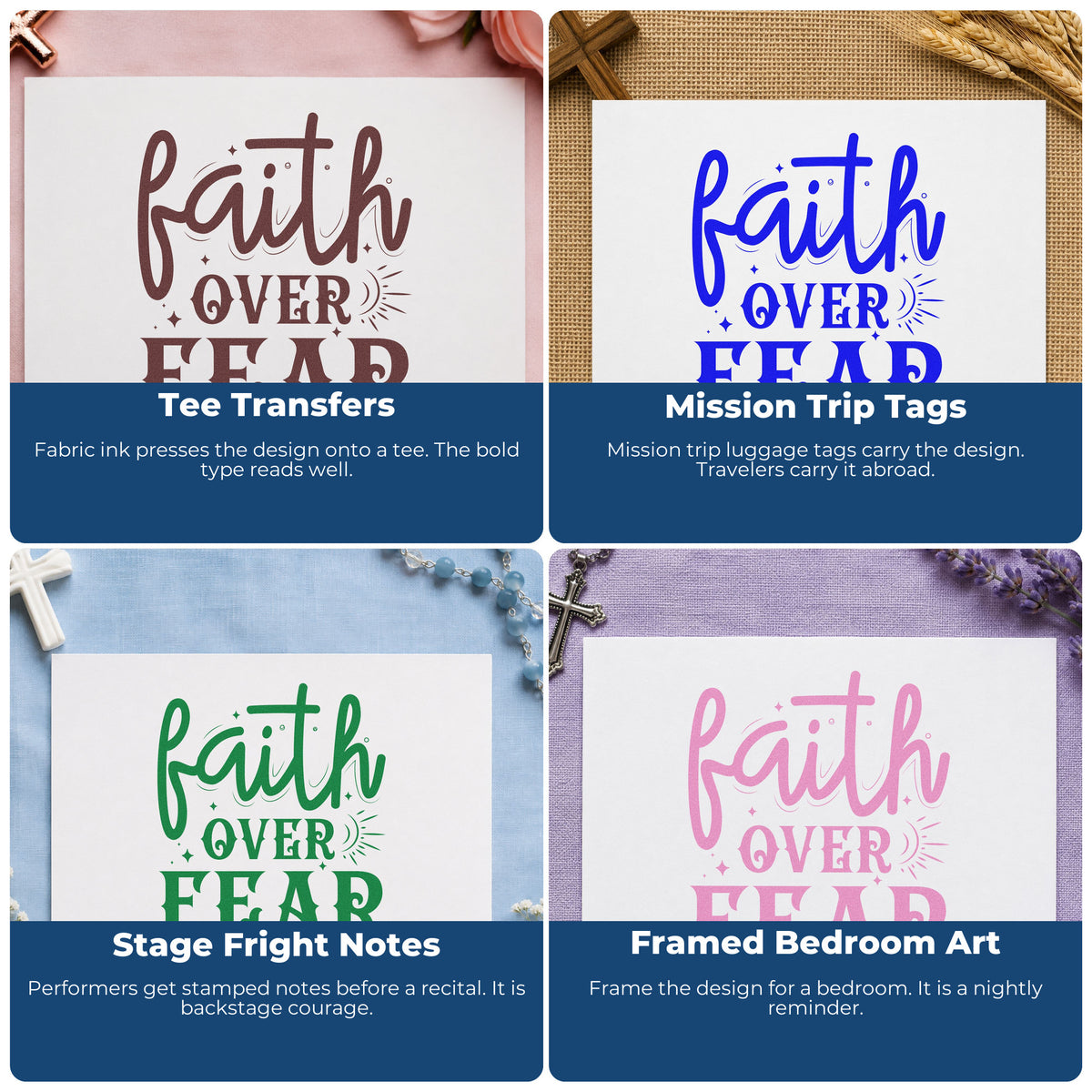 Four ways to use the Faith Over Fear Sunburst Stamp – Self-Inking: tee transfers, mission trip tags, stage fright notes and framed bedroom art.