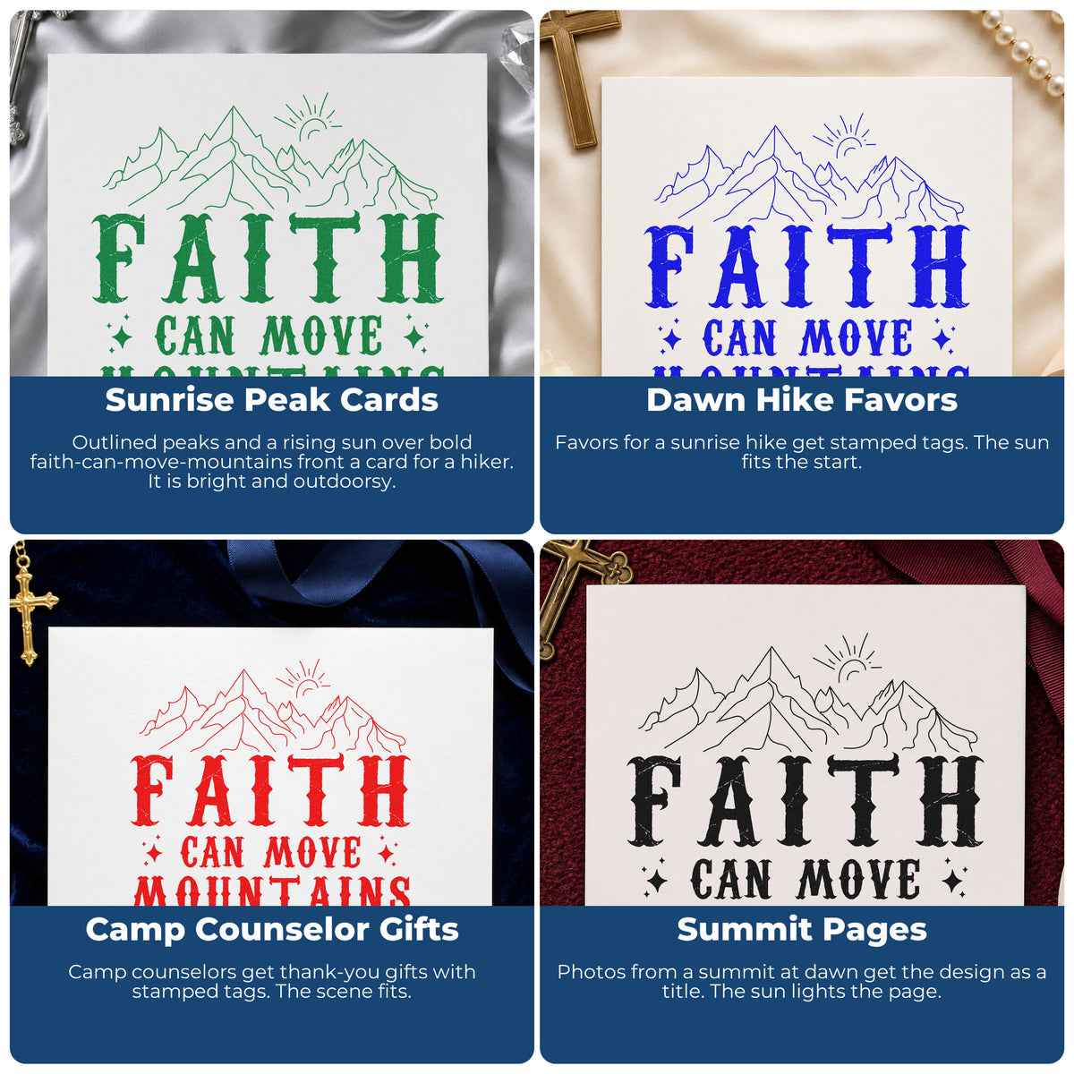 Four ways to use the Faith Can Move Mountains Peaks Pre-Inked Stamp – Slim: sunrise peak cards, dawn hike favors, camp counselor gifts and summit pages.
