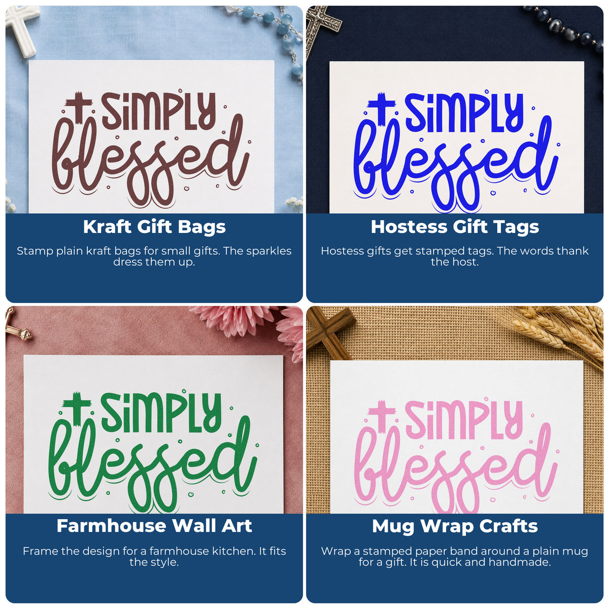 Four ways to use the Wood Handle Simply Blessed Cross Rubber Stamp: kraft gift bags, hostess gift tags, farmhouse wall art and mug wrap crafts.