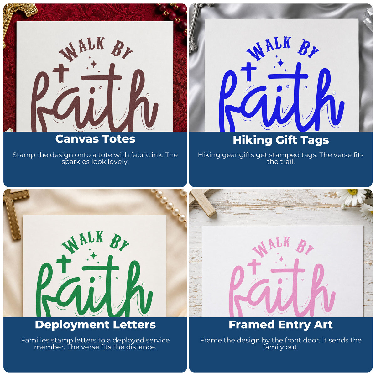 Four ways to use the Walk By Faith, Not By Sight With Cross Slim Pre-Inked Stamp: canvas totes, hiking gift tags, deployment letters and framed entry art.