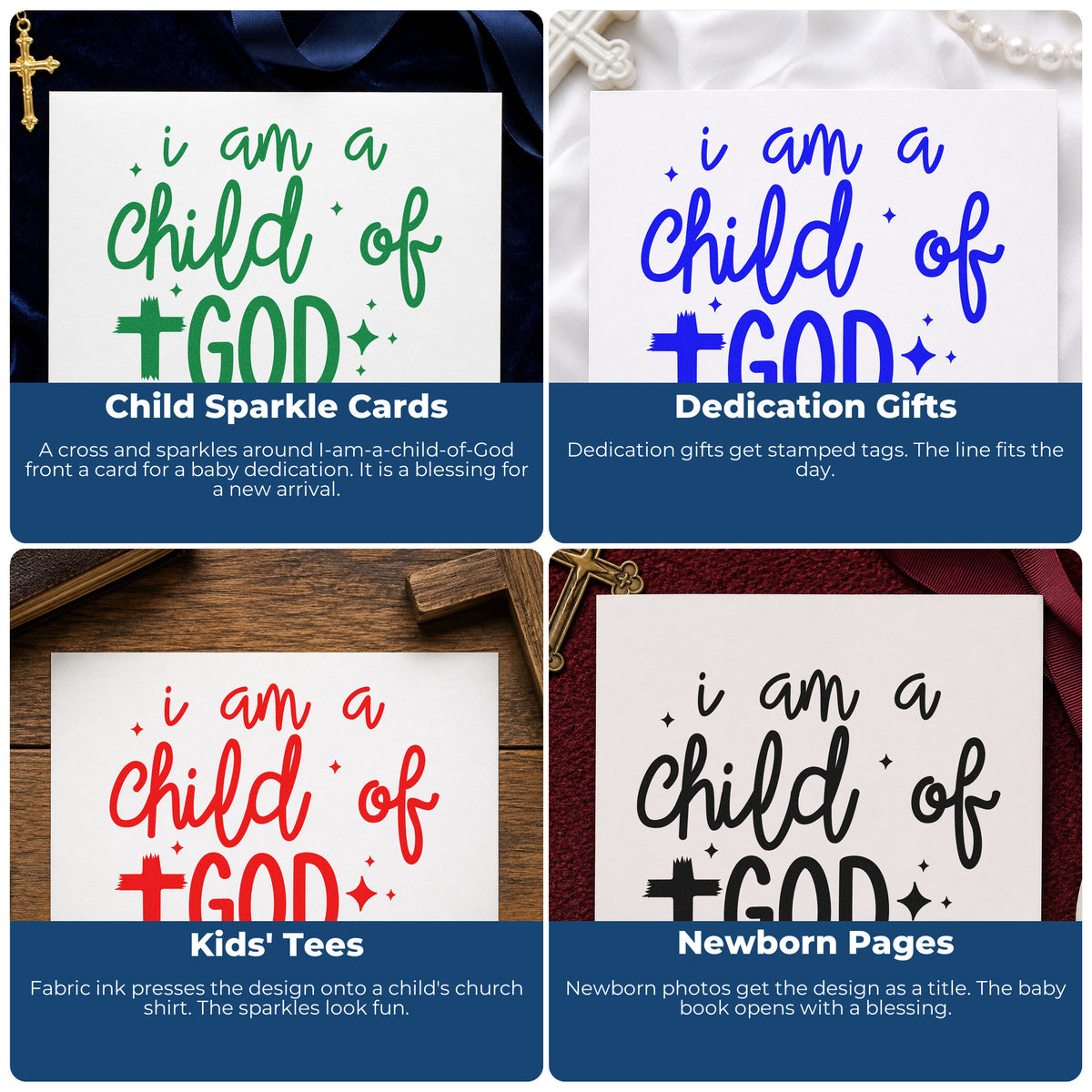 Four ways to use the I Am A Child Of God Rubber Stamp – Wood Handle: child sparkle cards, dedication gifts, kids' tees and newborn pages.