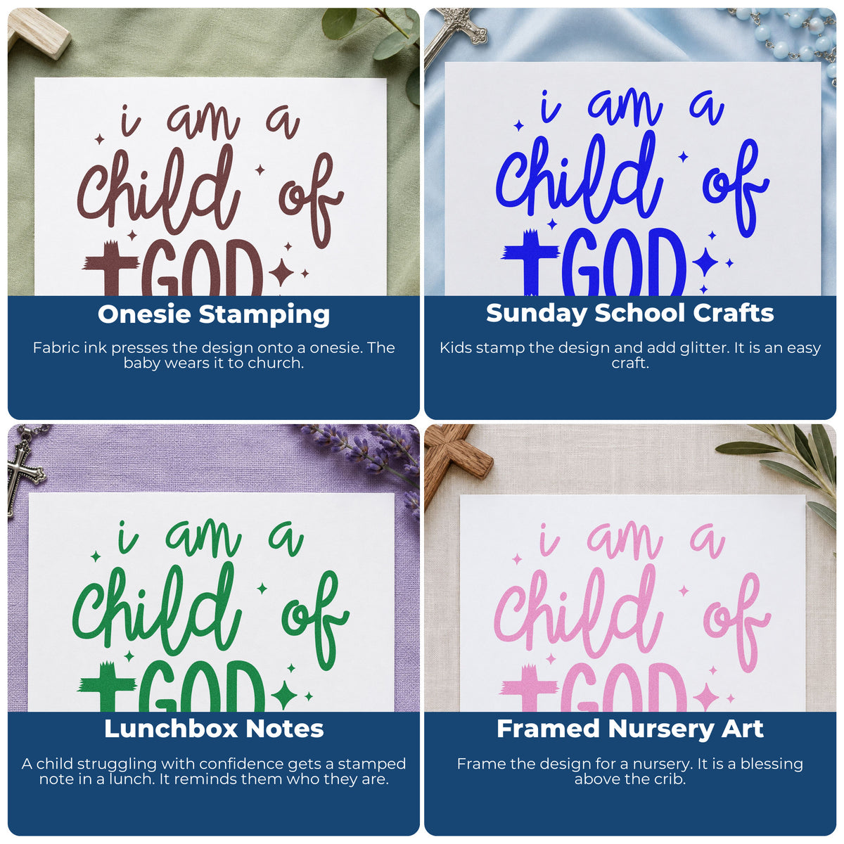 Four ways to use the I Am A Child Of God Stamp – Slim Pre-Inked: onesie stamping, sunday school crafts, lunchbox notes and framed nursery art.