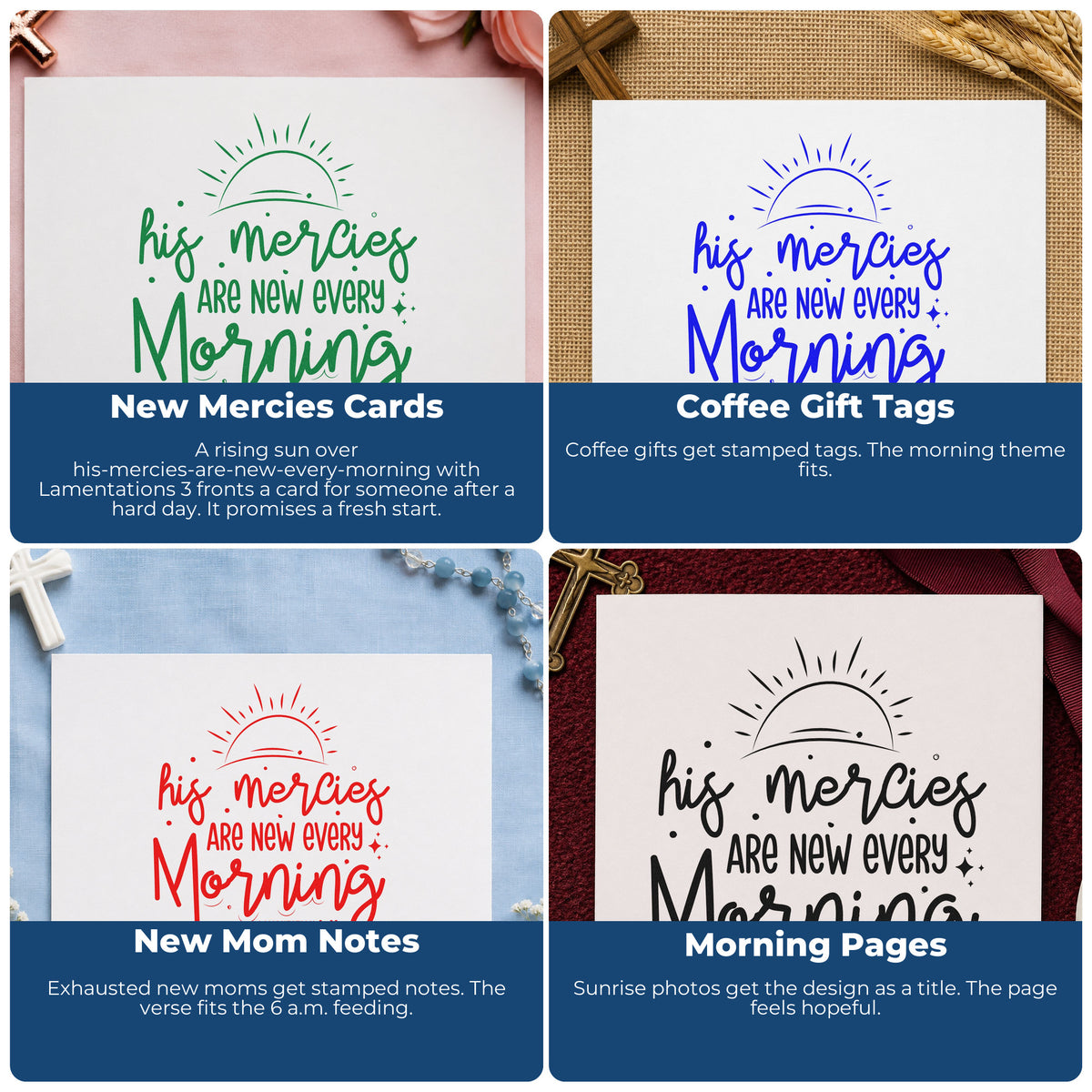 Four ways to use the Mercies New Every Morning Sunrise Pre-Inked Stamp – PSI: new mercies cards, coffee gift tags, new mom notes and morning pages.