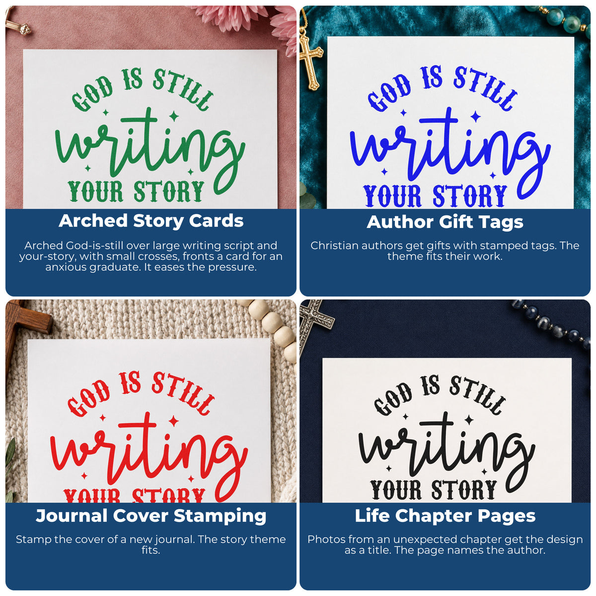 Four ways to use the God Is Writing Your Story Craft Stamp – Self-Inking: arched story cards, author gift tags, journal cover stamping and life chapter pages.