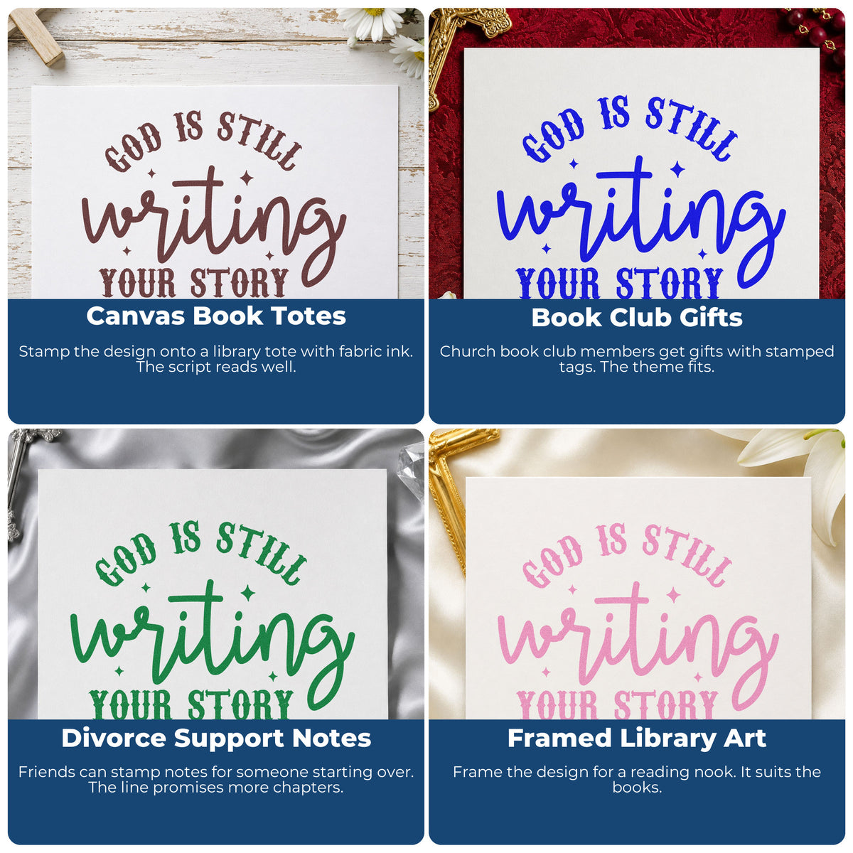 Four ways to use the God Is Writing Your Story Hand Stamp – Duo: canvas book totes, book club gifts, divorce support notes and framed library art.