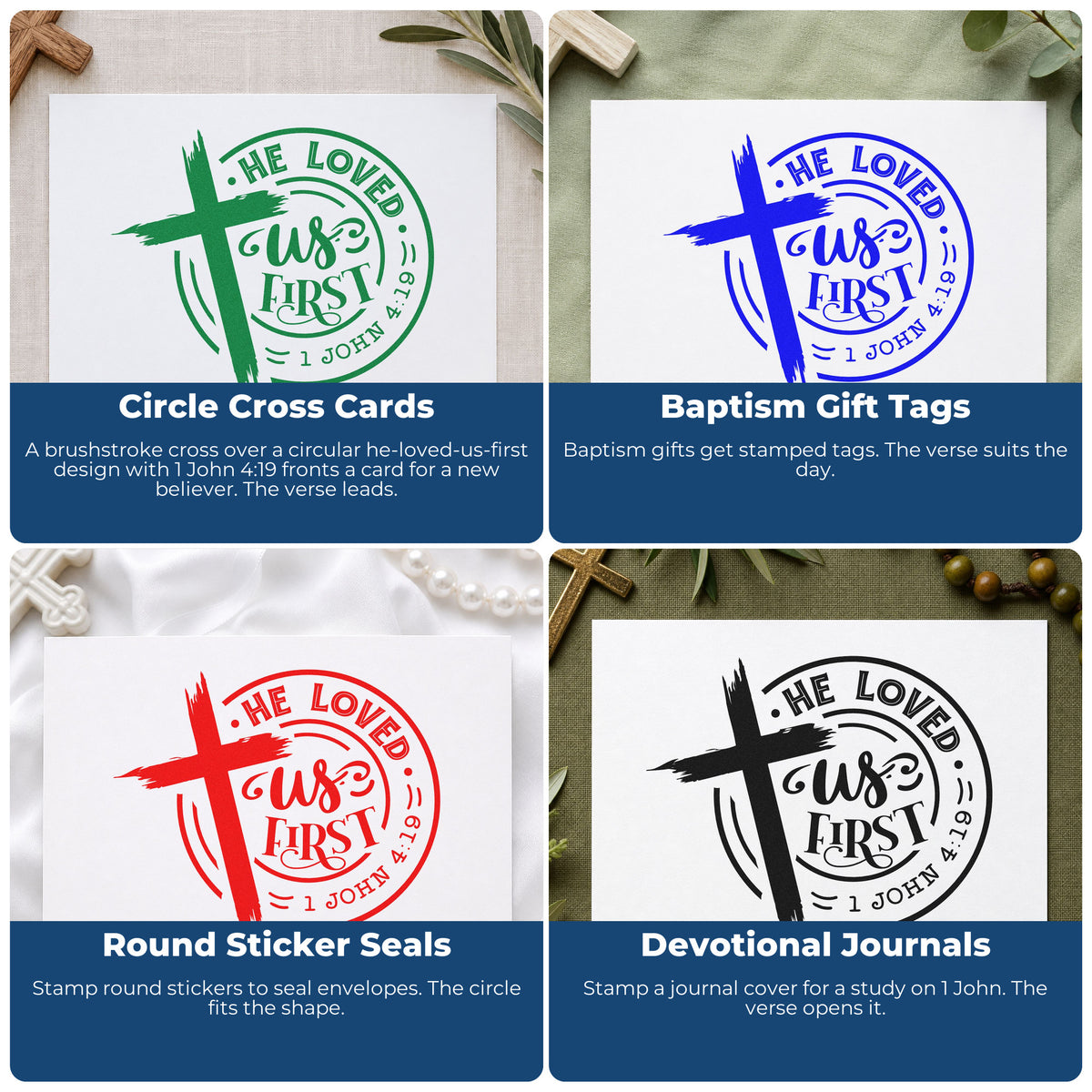 Four ways to use the He Loved Us First Emblem Stamp – Wood Handle: circle cross cards, baptism gift tags, round sticker seals and devotional journals.
