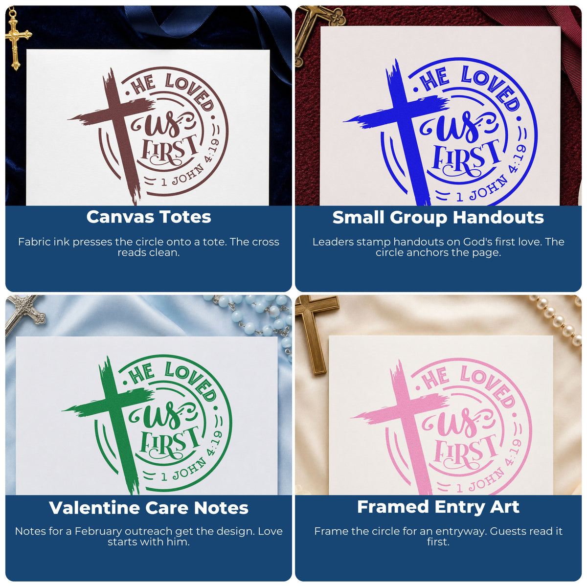 Four ways to use the He Loved Us First Emblem Stamp – Wood Handle: canvas totes, small group handouts, valentine care notes and framed entry art.