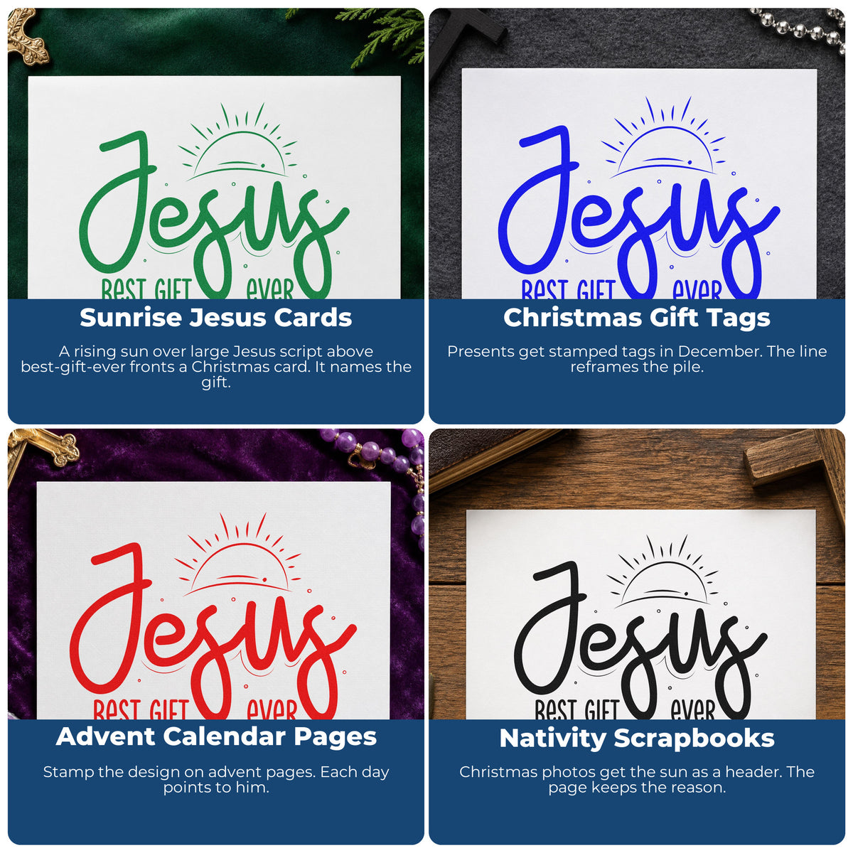 Four ways to use the PSI Pre-Inked Jesus Best Gift Ever Stamp: sunrise jesus cards, christmas gift tags, advent calendar pages and nativity scrapbooks.