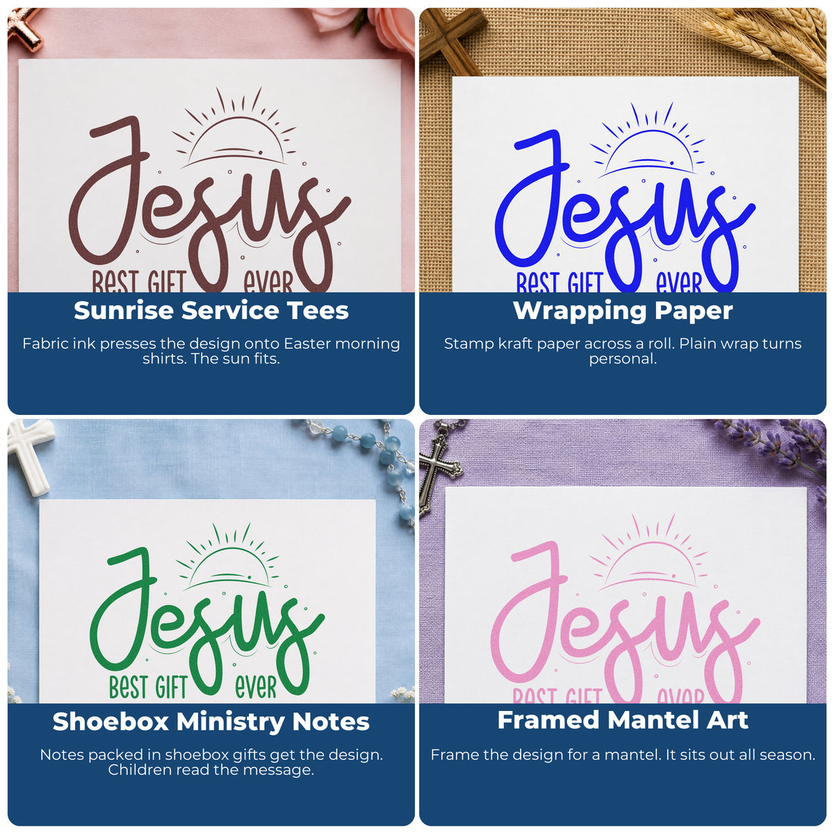 Four ways to use the Jesus Best Gift Ever Stamp – Self-Inking: sunrise service tees, wrapping paper, shoebox ministry notes and framed mantel art.