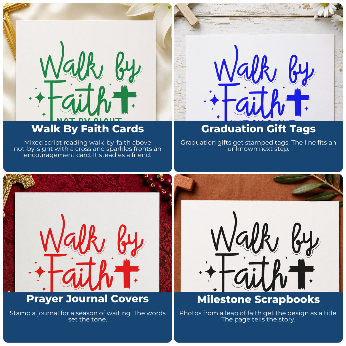 Four ways to use the Walk By Faith Cross Accent Rubber Stamp – Duo Hand: walk by faith cards, graduation gift tags, prayer journal covers and milestone scrapbooks.