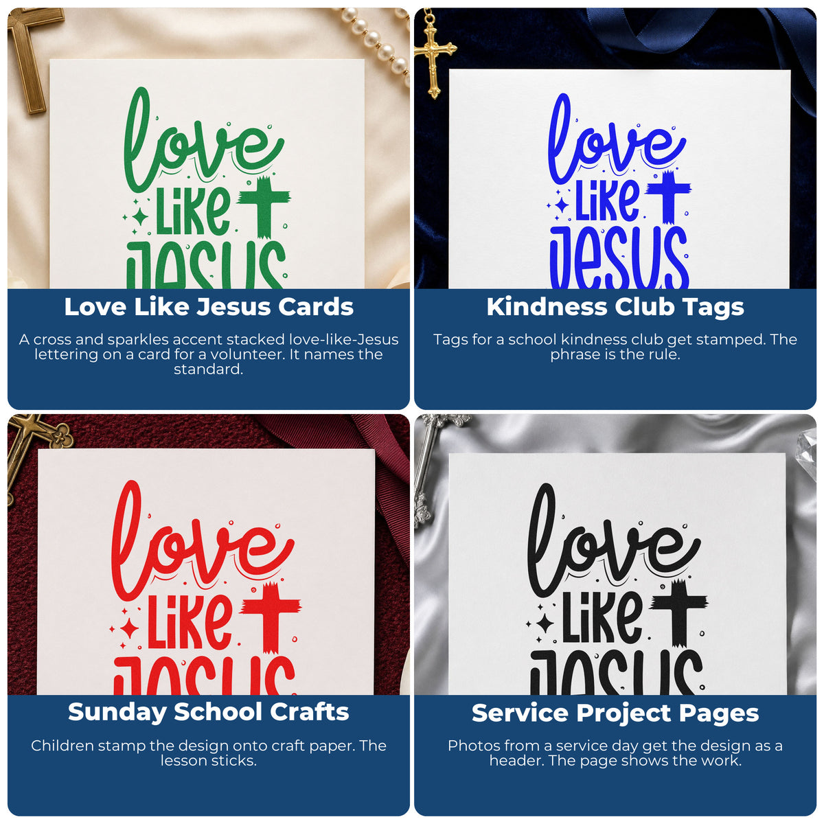 Four ways to use the Love Like Jesus With Cross Wood-Mounted Rubber Stamp: love like jesus cards, kindness club tags, sunday school crafts and service project pages.