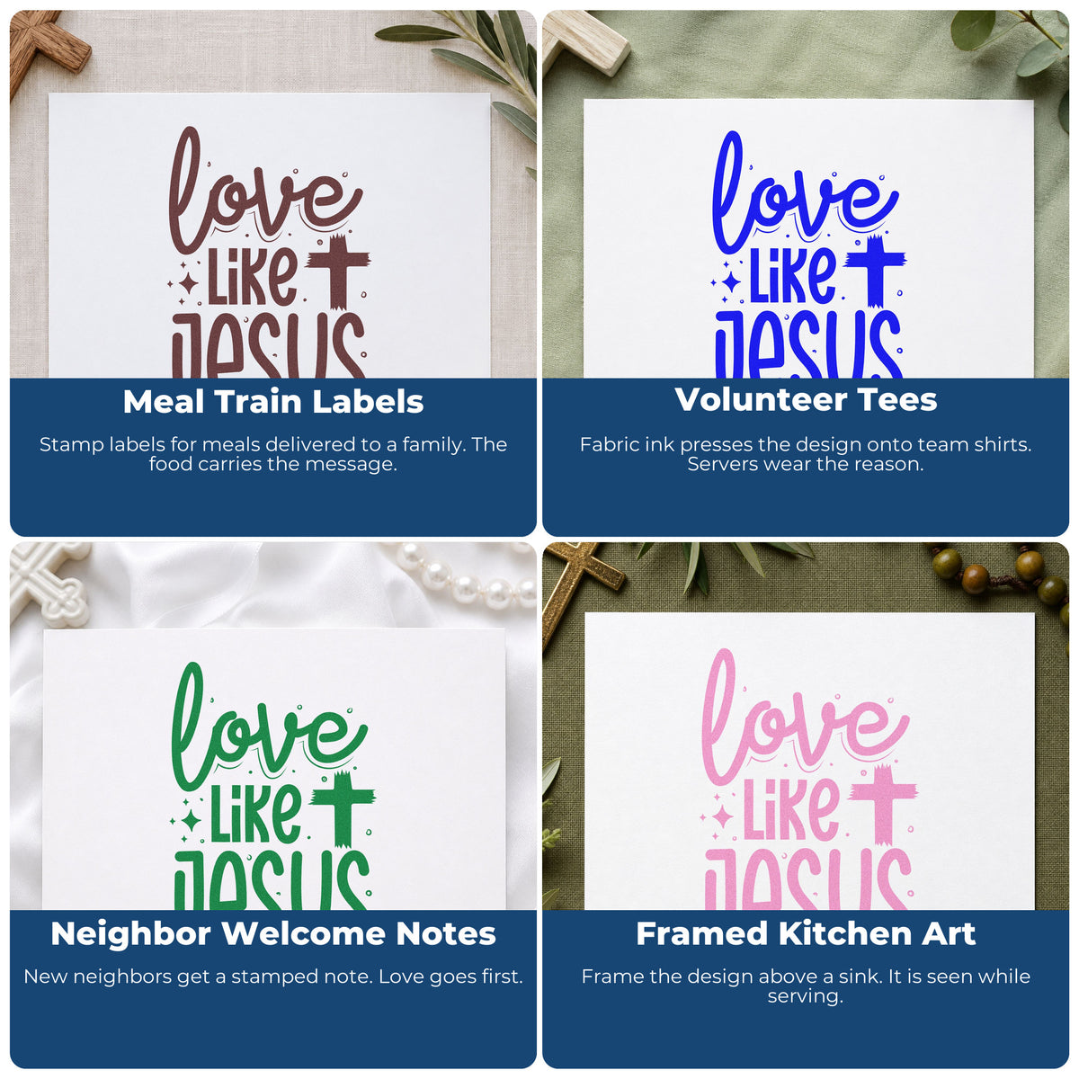 Four ways to use the Love Like Jesus With Cross Premium Wood-Mounted Stamp - Vintage Pro: meal train labels, volunteer tees, neighbor welcome notes and framed kitchen art.