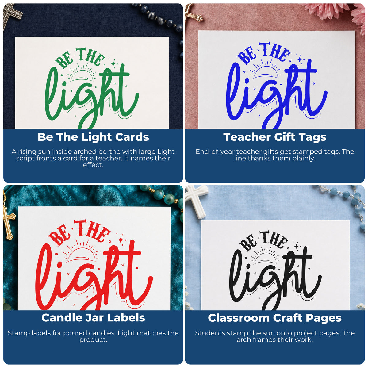 Four ways to use the Vintage Pro Be The Light Sunrise Script Premium Wooden Stamp: be the light cards, teacher gift tags, candle jar labels and classroom craft pages.