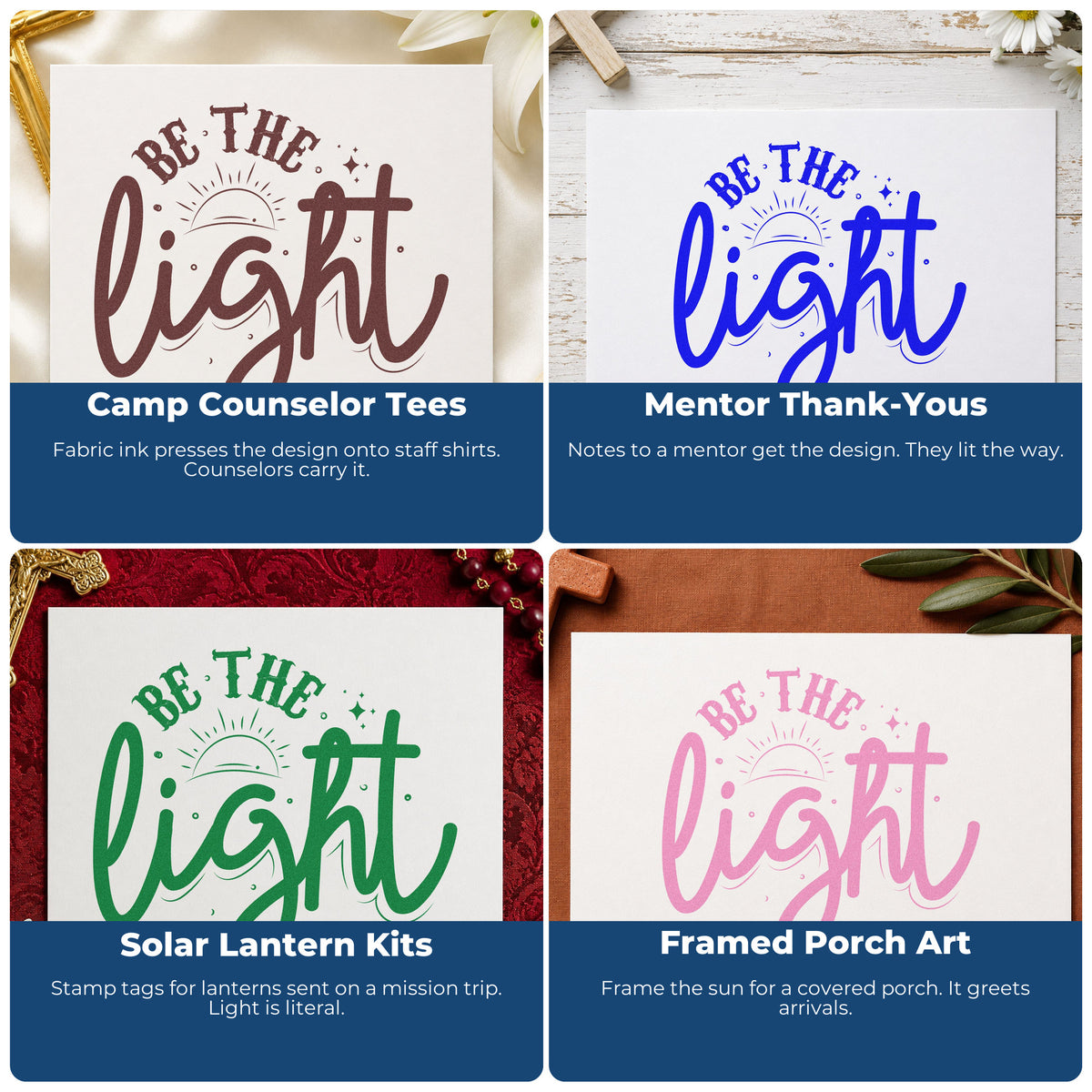 Four ways to use the Be The Light Sunrise Script Rubber Stamp – Duo Hand: camp counselor tees, mentor thank-yous, solar lantern kits and framed porch art.