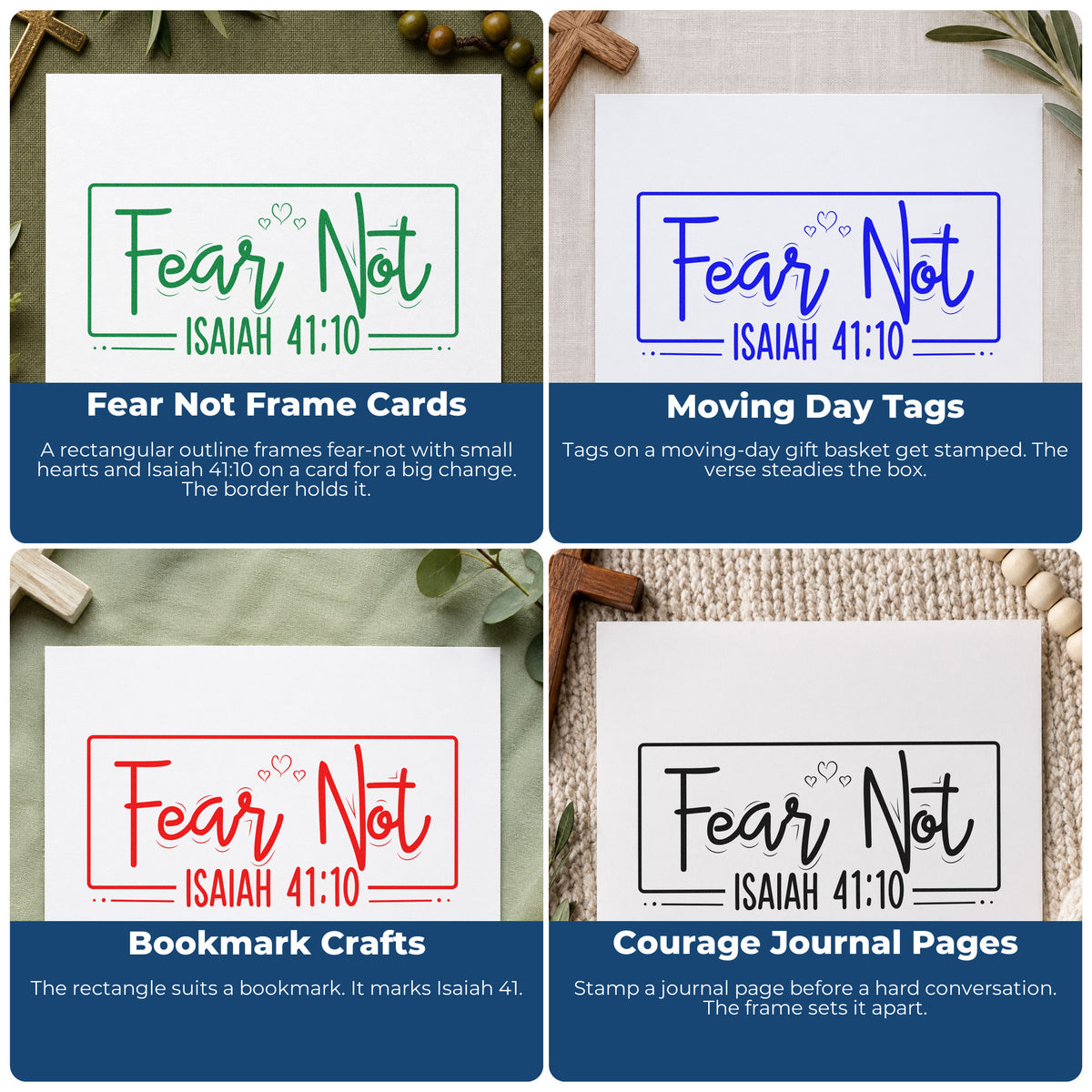 Four ways to use the Fear Not Heart Framed Lettering Self-Inking Stamp: fear not frame cards, moving day tags, bookmark crafts and courage journal pages.