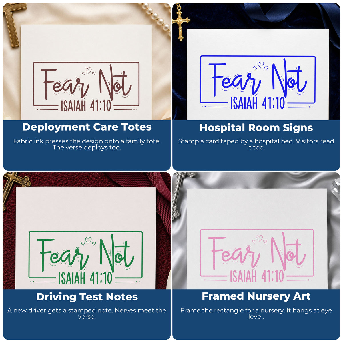 Four ways to use the Fear Not Heart Framed Lettering Wood Handle Stamp: deployment care totes, hospital room signs, driving test notes and framed nursery art.