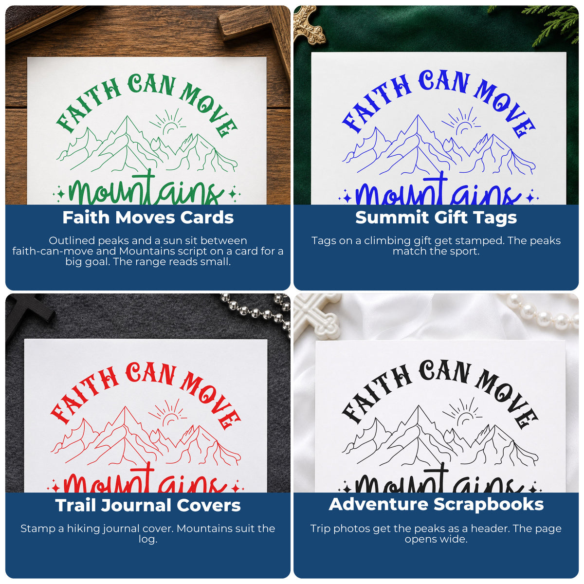 Four ways to use the Faith Can Move Outlined Mountains Rubber Stamp – Wood Handle: faith moves cards, summit gift tags, trail journal covers and adventure scrapbooks.