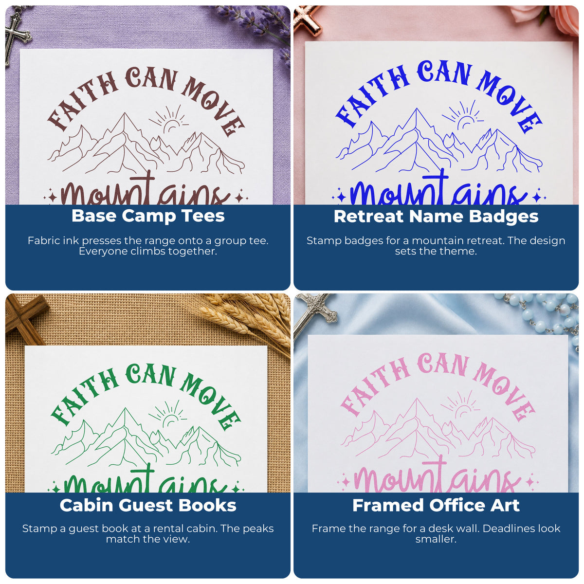 Four ways to use the Faith Can Move Outlined Mountains Hand Stamp – Duo: base camp tees, retreat name badges, cabin guest books and framed office art.