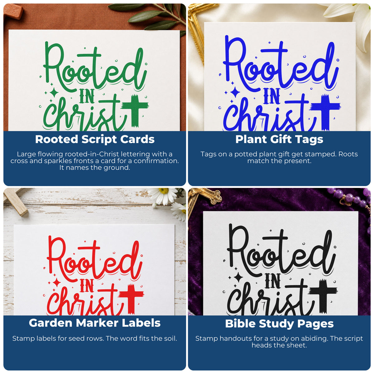 Four ways to use the Rooted In Christ Script Lettering Rubber Stamp – Duo Hand: rooted script cards, plant gift tags, garden marker labels and bible study pages.