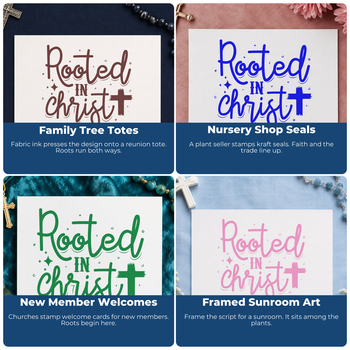Four ways to use the Rooted In Christ Script Lettering Rubber Stamp – Duo Hand: family tree totes, nursery shop seals, new member welcomes and framed sunroom art.