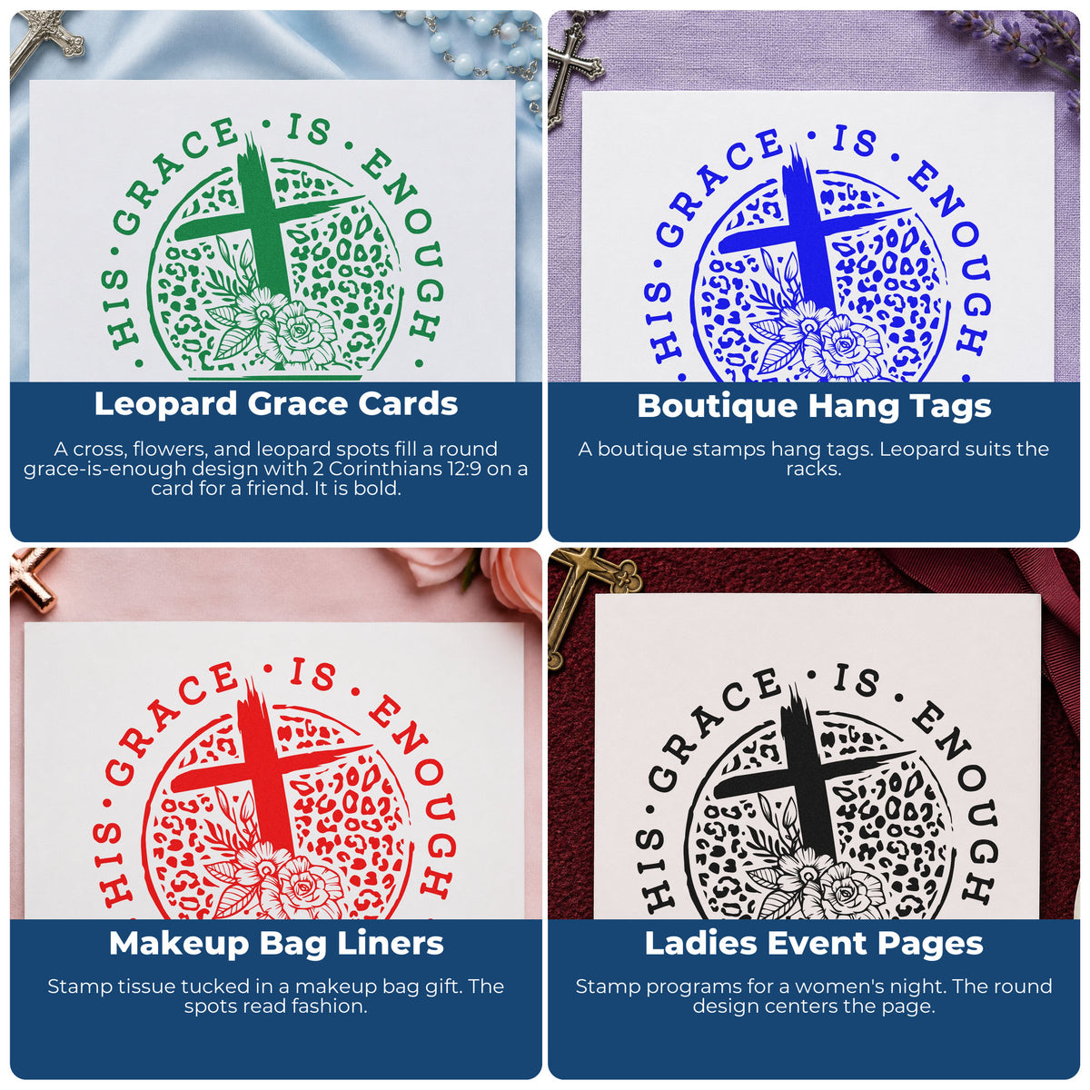 Four ways to use the His Grace Is Enough Leopard With Cross PSI Pre-Inked Stamp: leopard grace cards, boutique hang tags, makeup bag liners and ladies event pages.
