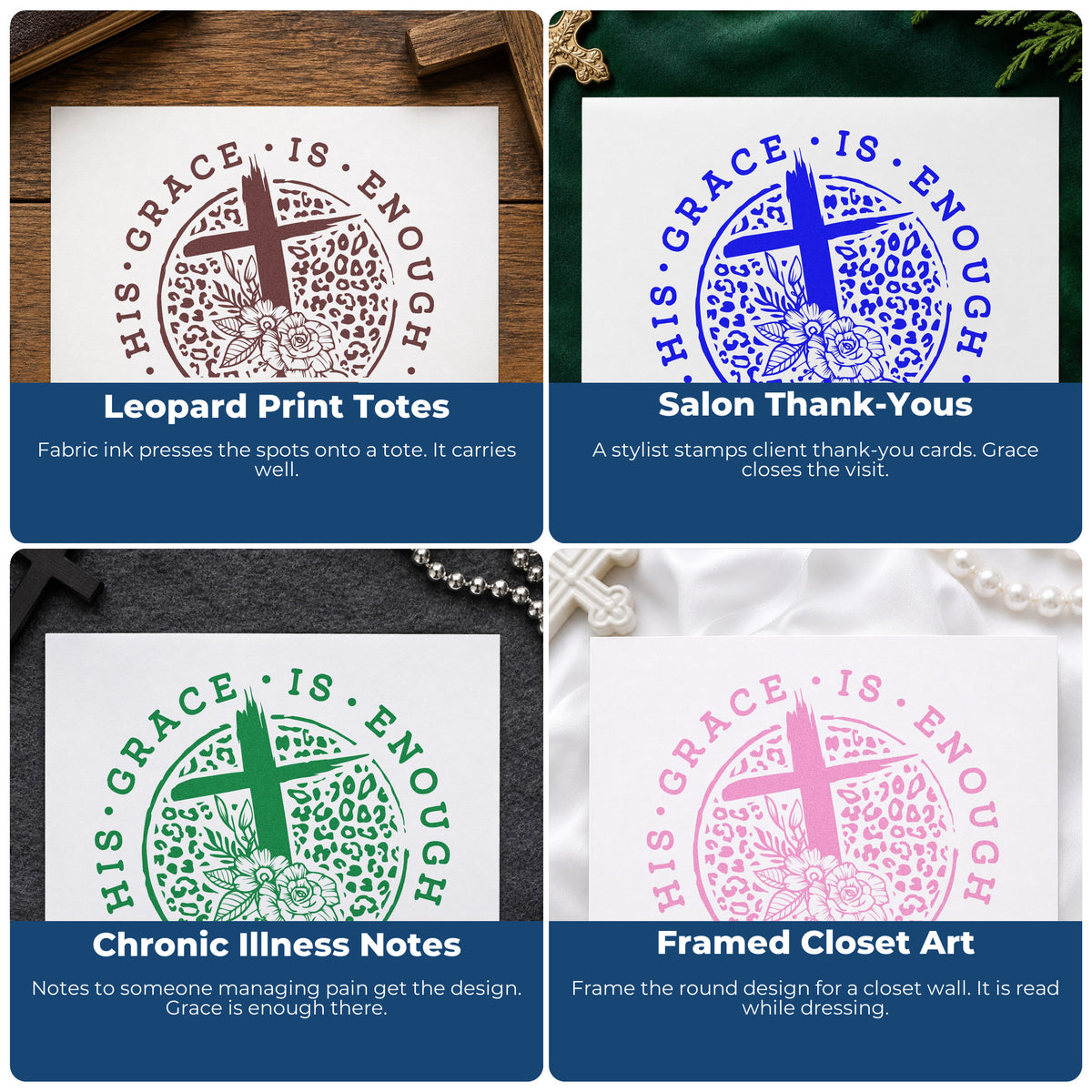 Four ways to use the His Grace Is Enough Leopard With Cross PSI Pre-Inked Stamp: leopard print totes, salon thank-yous, chronic illness notes and framed closet art.