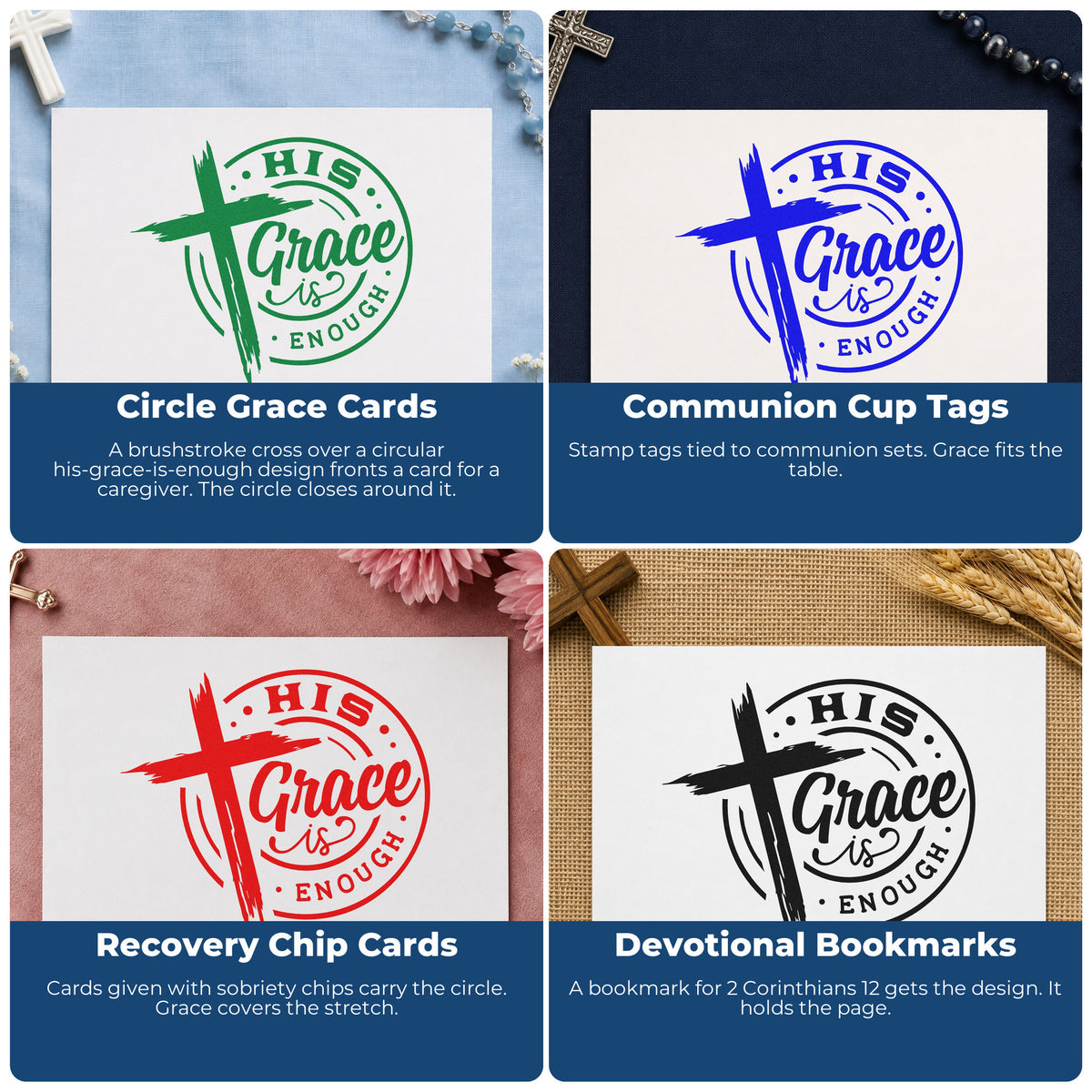 Four ways to use the His Grace Is Enough Badge Rubber Stamp – Wood Handle: circle grace cards, communion cup tags, recovery chip cards and devotional bookmarks.