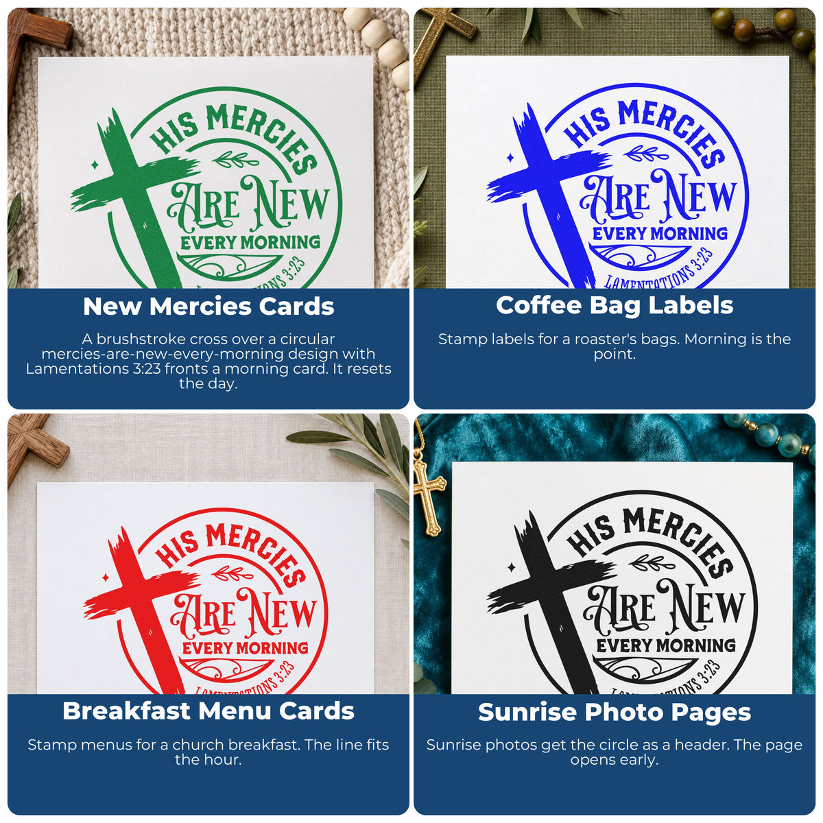 Four ways to use the Mercies New Every Morning Badge Self-Inking Craft Stamp: new mercies cards, coffee bag labels, breakfast menu cards and sunrise photo pages.