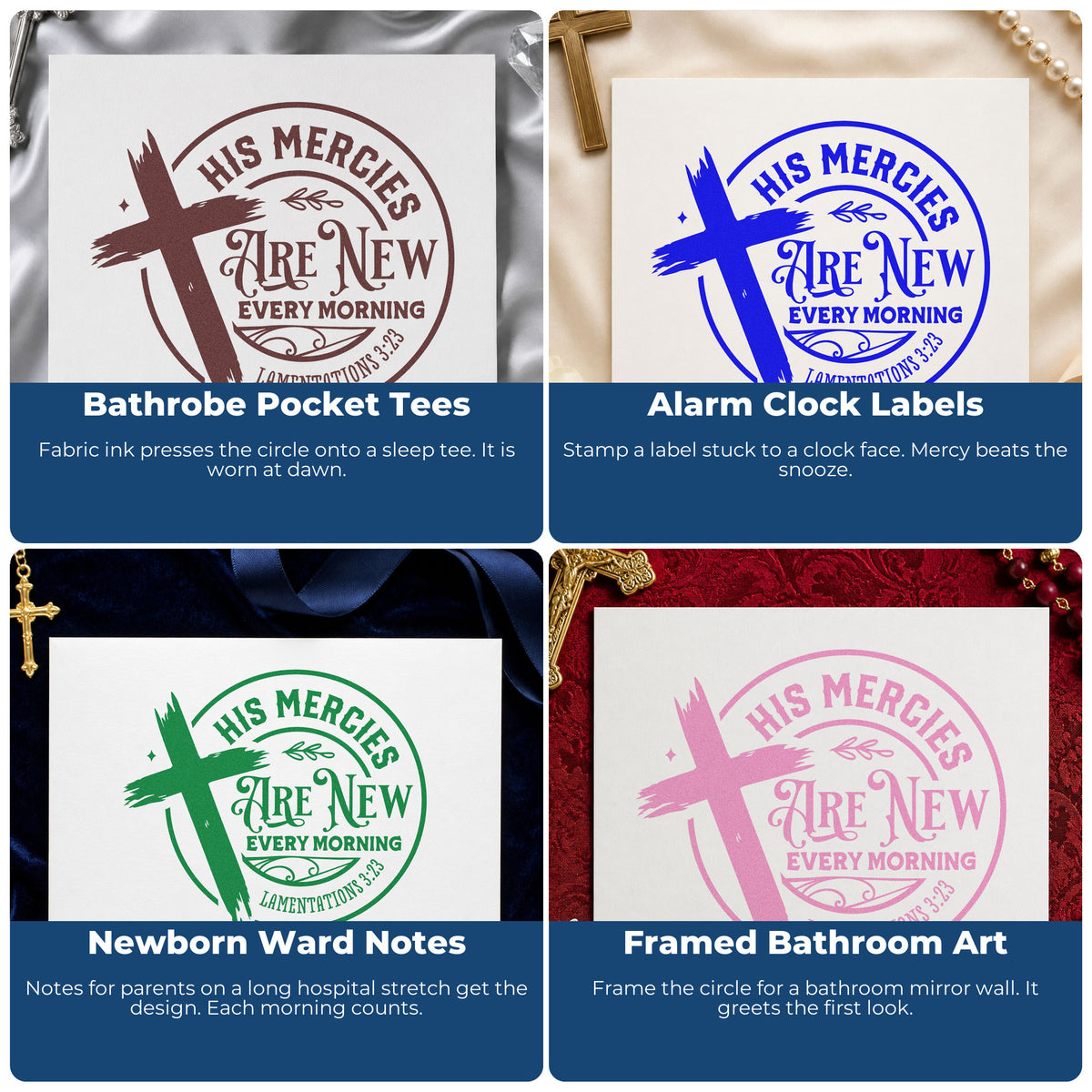 Four ways to use the Mercies New Every Morning Badge Wood Handle Stamp: bathrobe pocket tees, alarm clock labels, newborn ward notes and framed bathroom art.