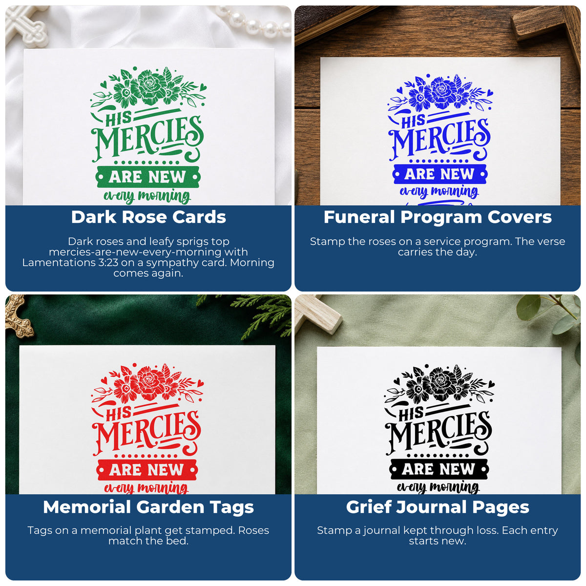 Four ways to use the New Mercies Solid Roses Self-Inking Stamp: dark rose cards, funeral program covers, memorial garden tags and grief journal pages.