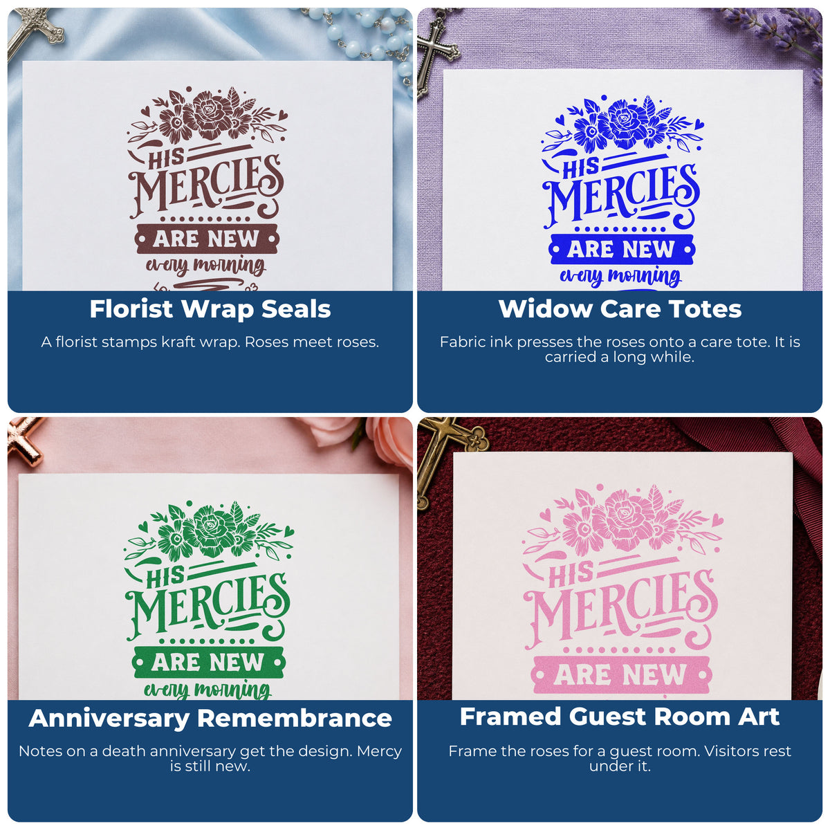 Four ways to use the Vintage Pro New Mercies Solid Roses Premium Wooden Stamp: florist wrap seals, widow care totes, anniversary remembrance and framed guest room art.