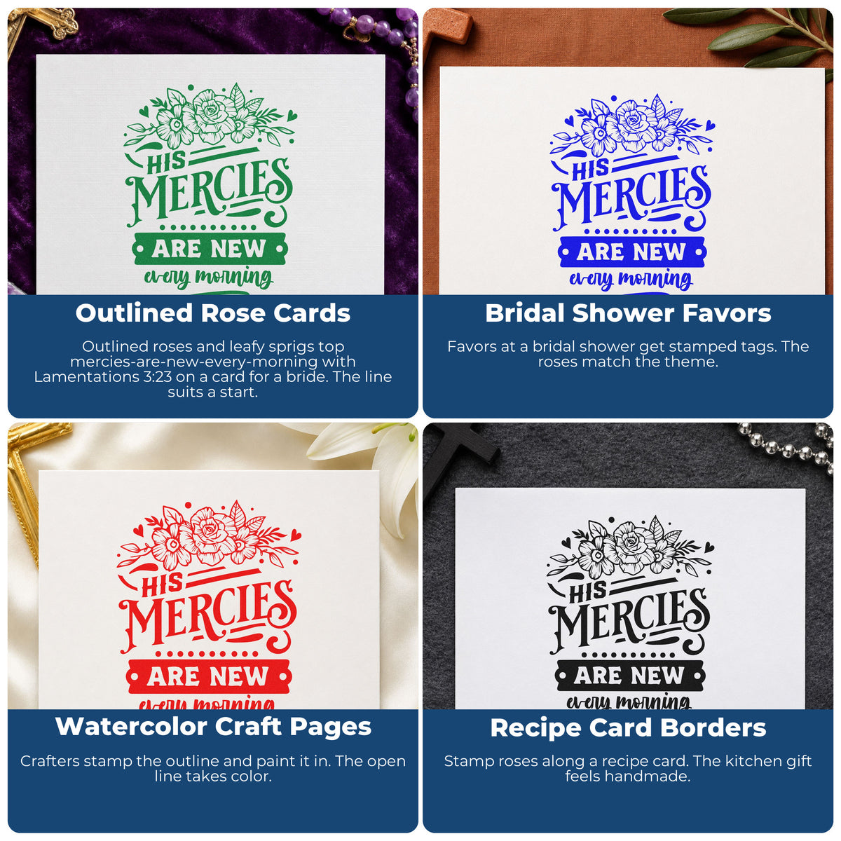Four ways to use the Self-Inking New Mercies Outline Roses Botanical Sprig Stamp: outlined rose cards, bridal shower favors, watercolor craft pages and recipe card borders.