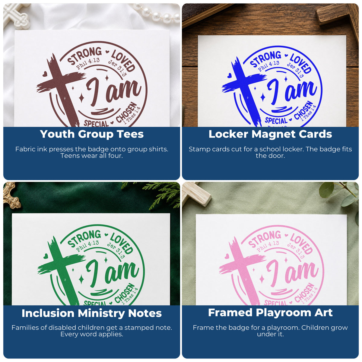 Four ways to use the I Am Strong Loved Chosen Brushstroke Cross Slim Pre-Inked Stamp: youth group tees, locker magnet cards, inclusion ministry notes and framed playroom art.