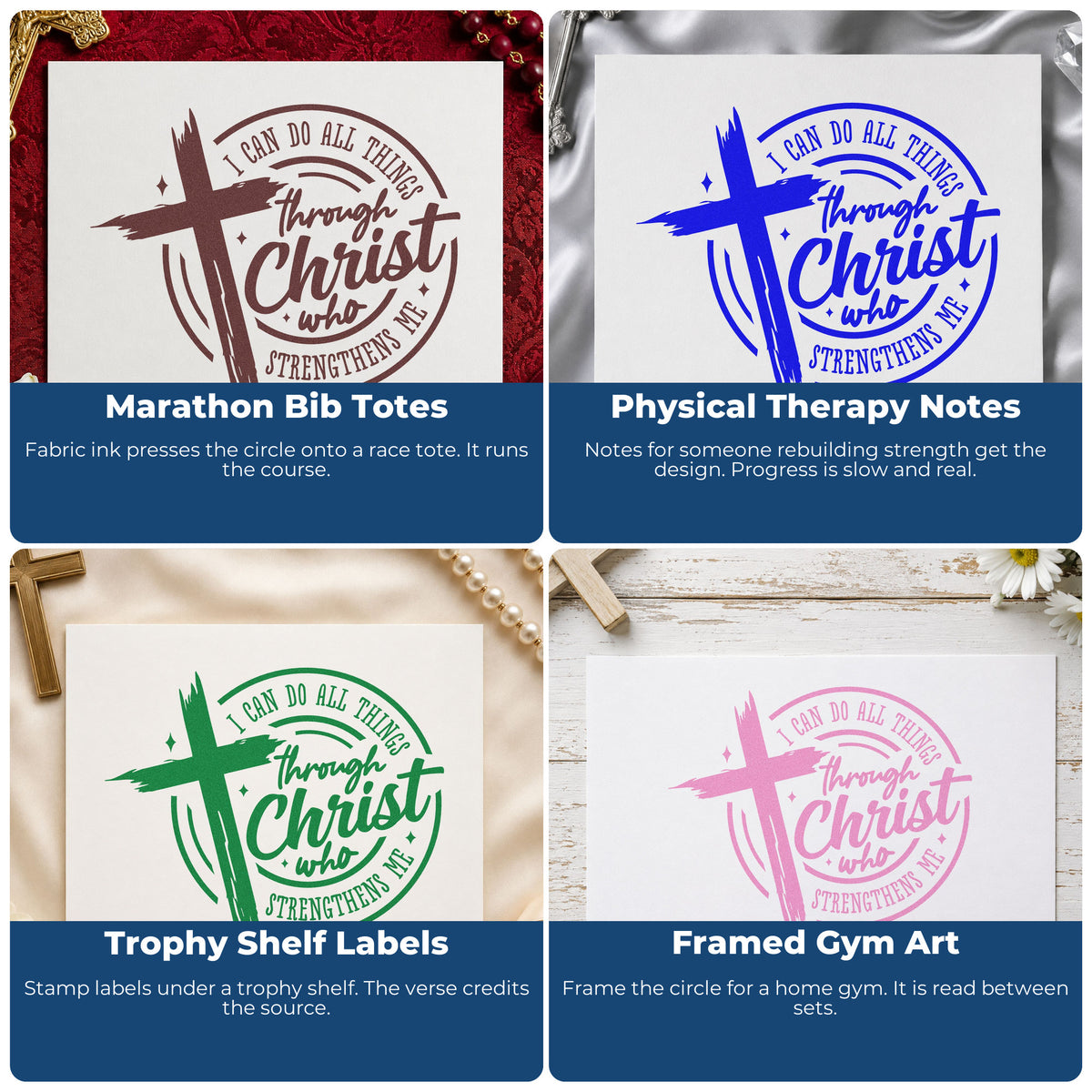 Four ways to use the All Things Through Christ Emblem Self-Inking Stamp: marathon bib totes, physical therapy notes, trophy shelf labels and framed gym art.