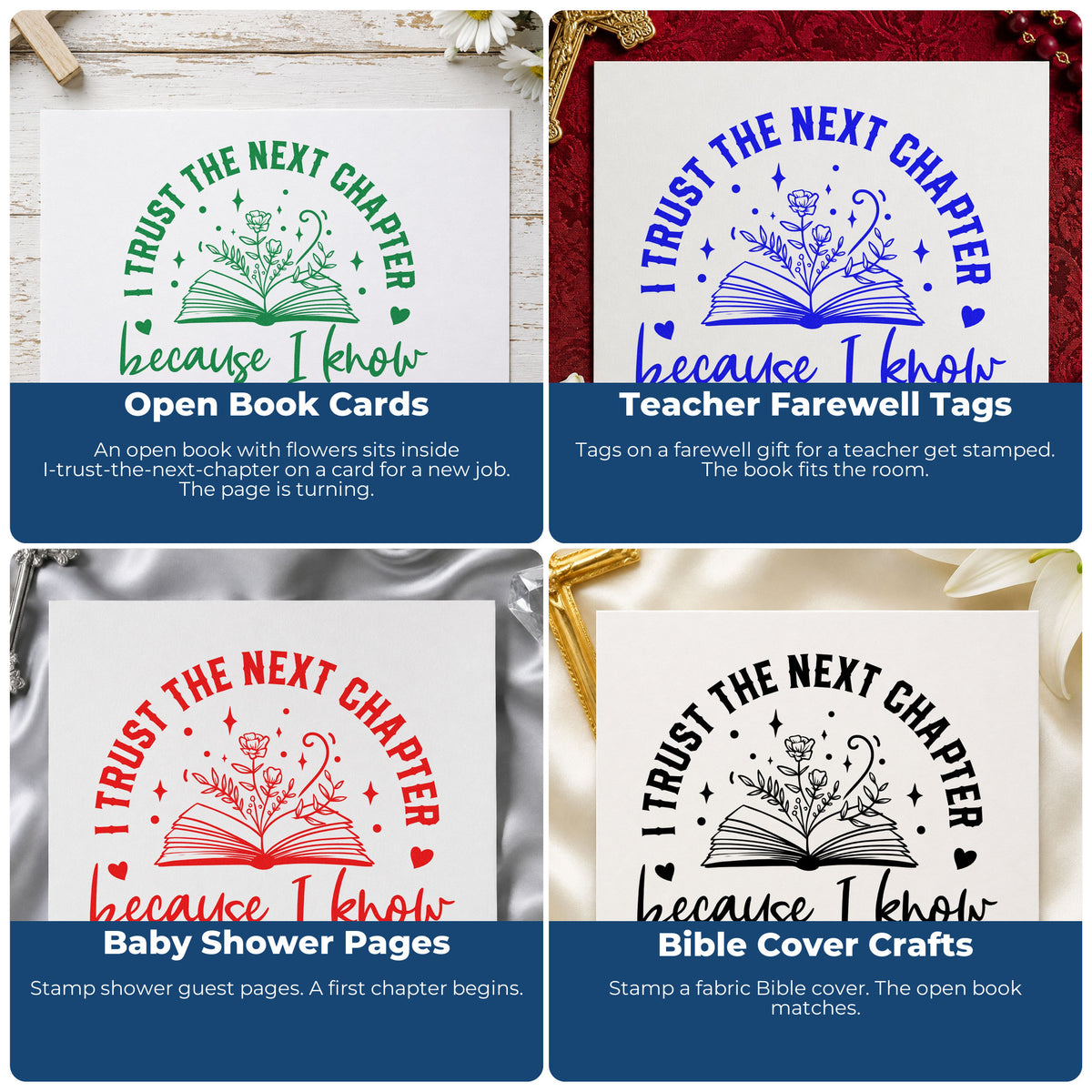 Four ways to use the Trust The Author Open Book Duo Hand Stamp: open book cards, teacher farewell tags, baby shower pages and bible cover crafts.