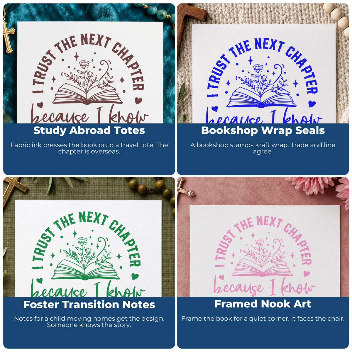 Four ways to use the Trust The Author Open Book Duo Hand Stamp: study abroad totes, bookshop wrap seals, foster transition notes and framed nook art.