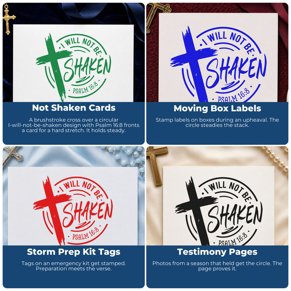 Four ways to use the I Will Not Be Shaken Emblem Wood Handle Stamp: not shaken cards, moving box labels, storm prep kit tags and testimony pages.