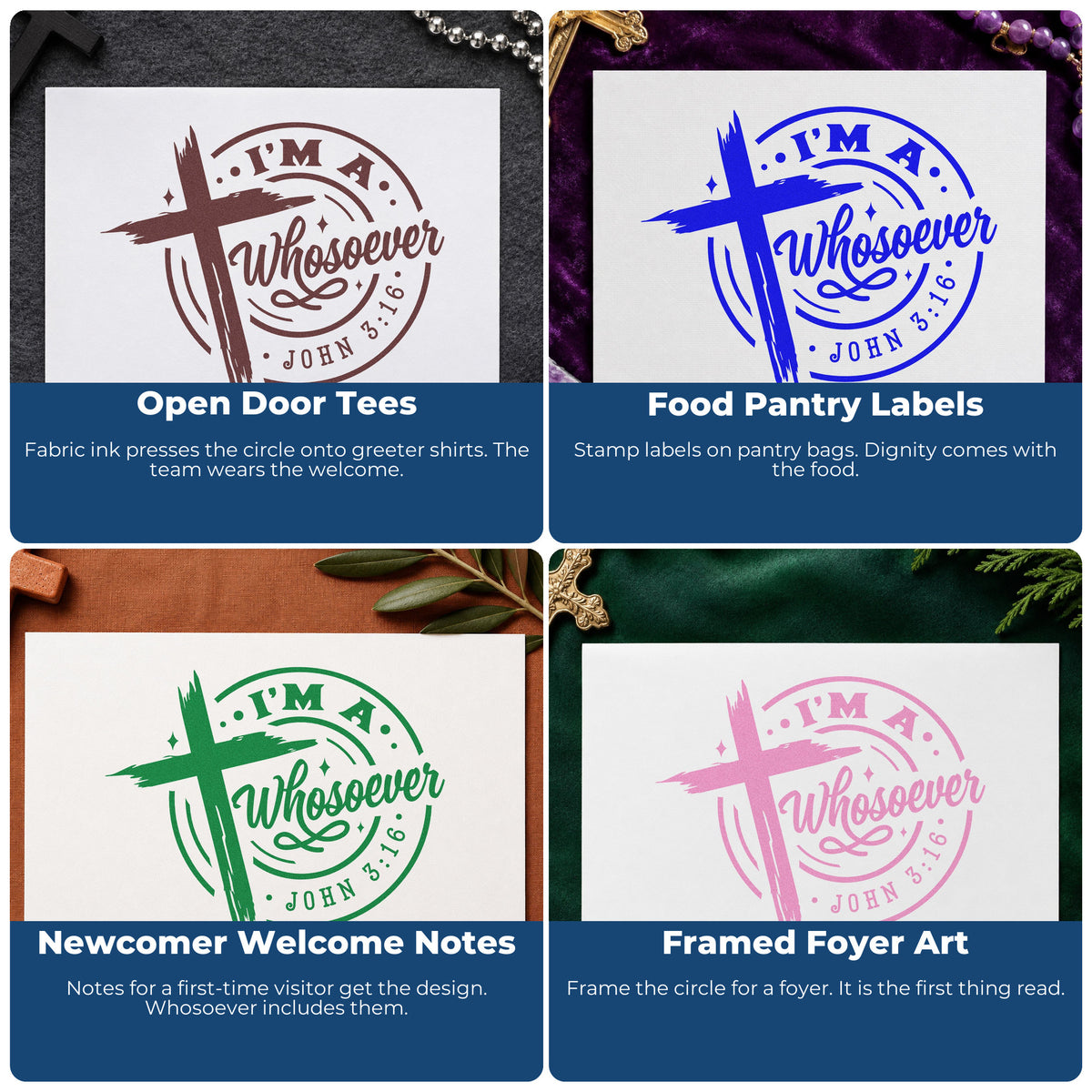 Four ways to use the I'm A Whosoever Self-Inking Stamp: open door tees, food pantry labels, newcomer welcome notes and framed foyer art.