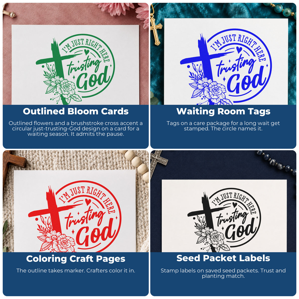 Four ways to use the Trusting God Outline Flowers Stamp – Duo Hand: outlined bloom cards, waiting room tags, coloring craft pages and seed packet labels.