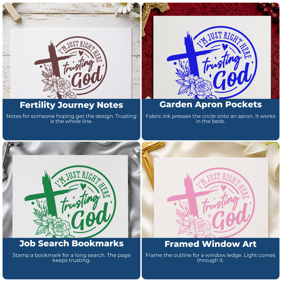 Four ways to use the Trusting God Outline Flowers Stamp – Duo Hand: fertility journey notes, garden apron pockets, job search bookmarks and framed window art.