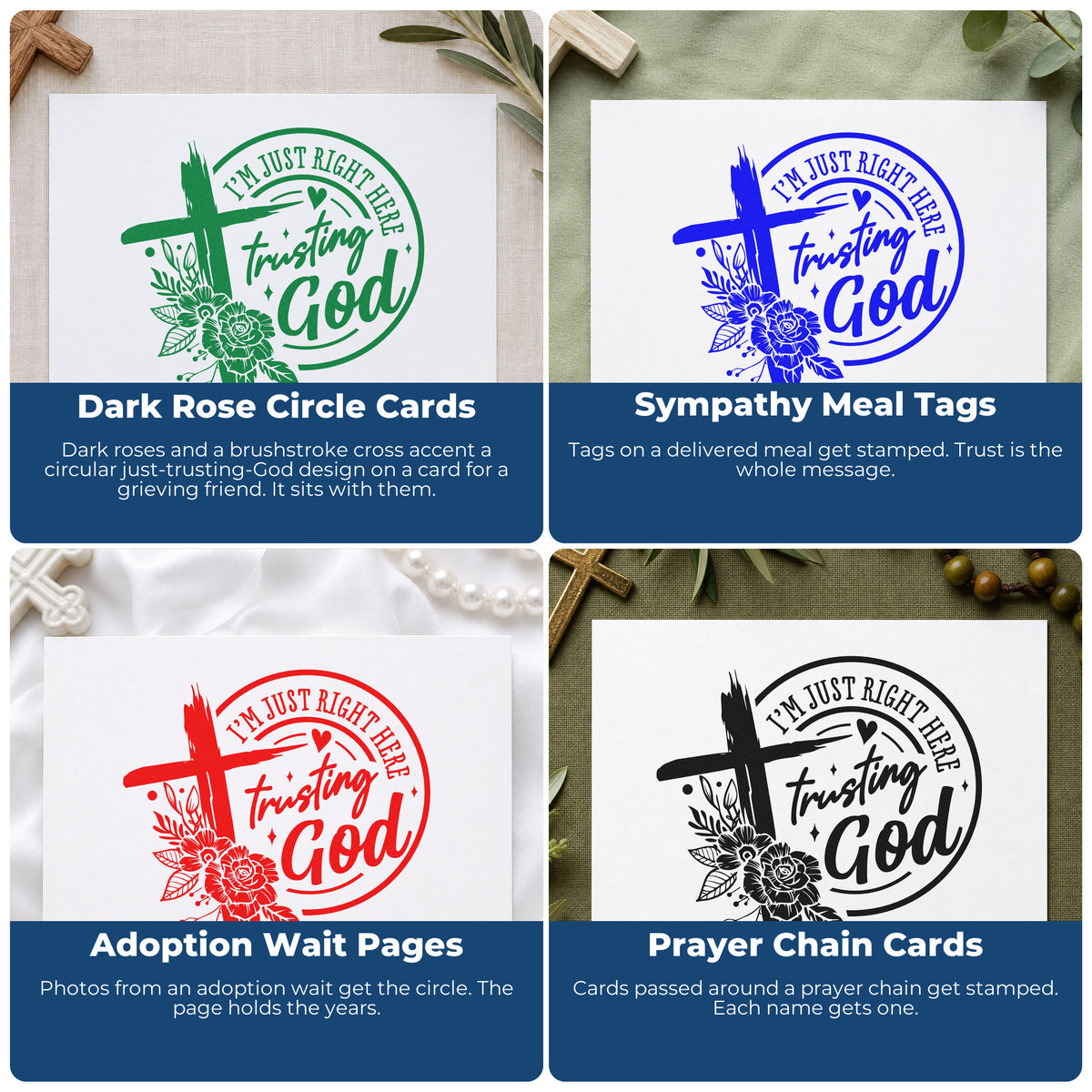 Four ways to use the Wood Handle Trusting God Solid Roses Rubber Stamp: dark rose circle cards, sympathy meal tags, adoption wait pages and prayer chain cards.