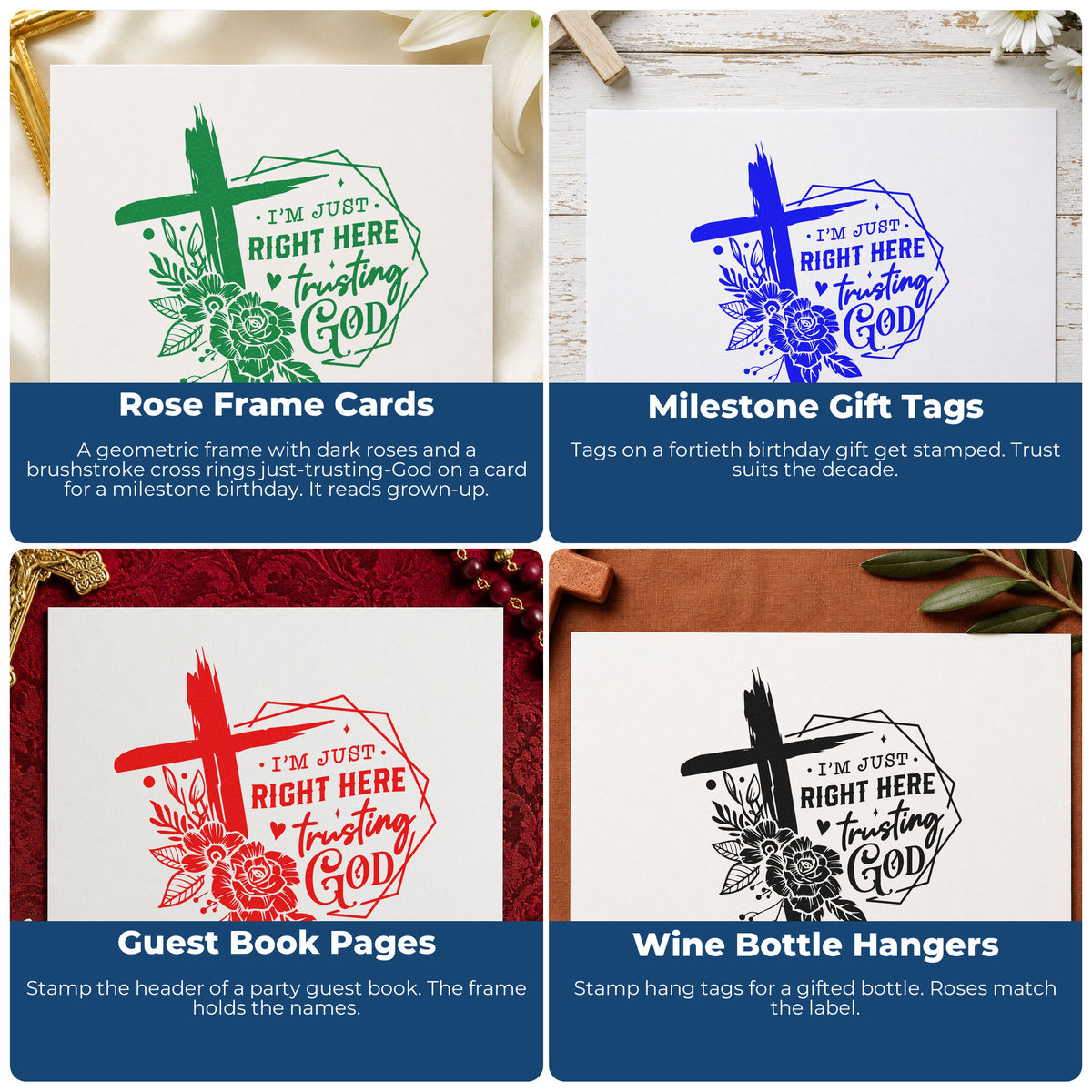 Four ways to use the Trusting God Geometric Roses PSI Pre-Inked Stamp: rose frame cards, milestone gift tags, guest book pages and wine bottle hangers.