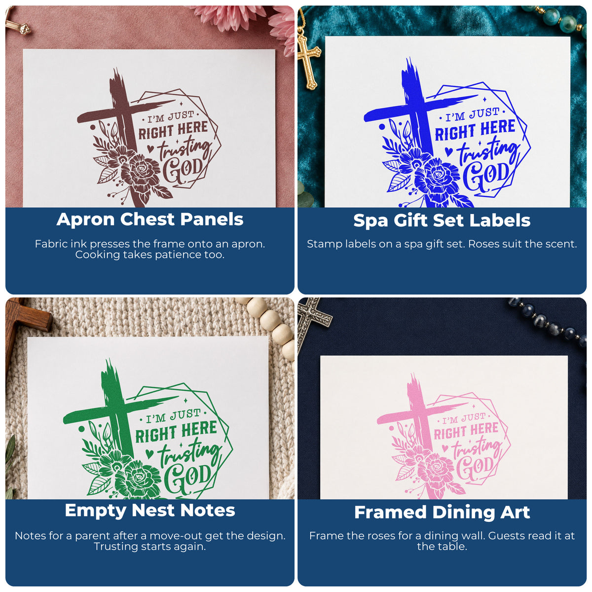 Four ways to use the Trusting God Geometric Roses Rubber Stamp – Wood Handle: apron chest panels, spa gift set labels, empty nest notes and framed dining art.