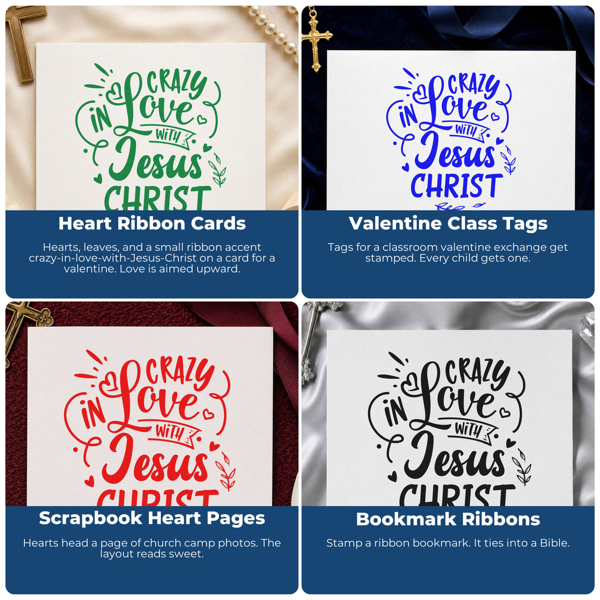 Four ways to use the Crazy In Love With Jesus Christ Leaf Accents Rubber Stamp – Duo Hand: heart ribbon cards, valentine class tags, scrapbook heart pages and bookmark ribbons.
